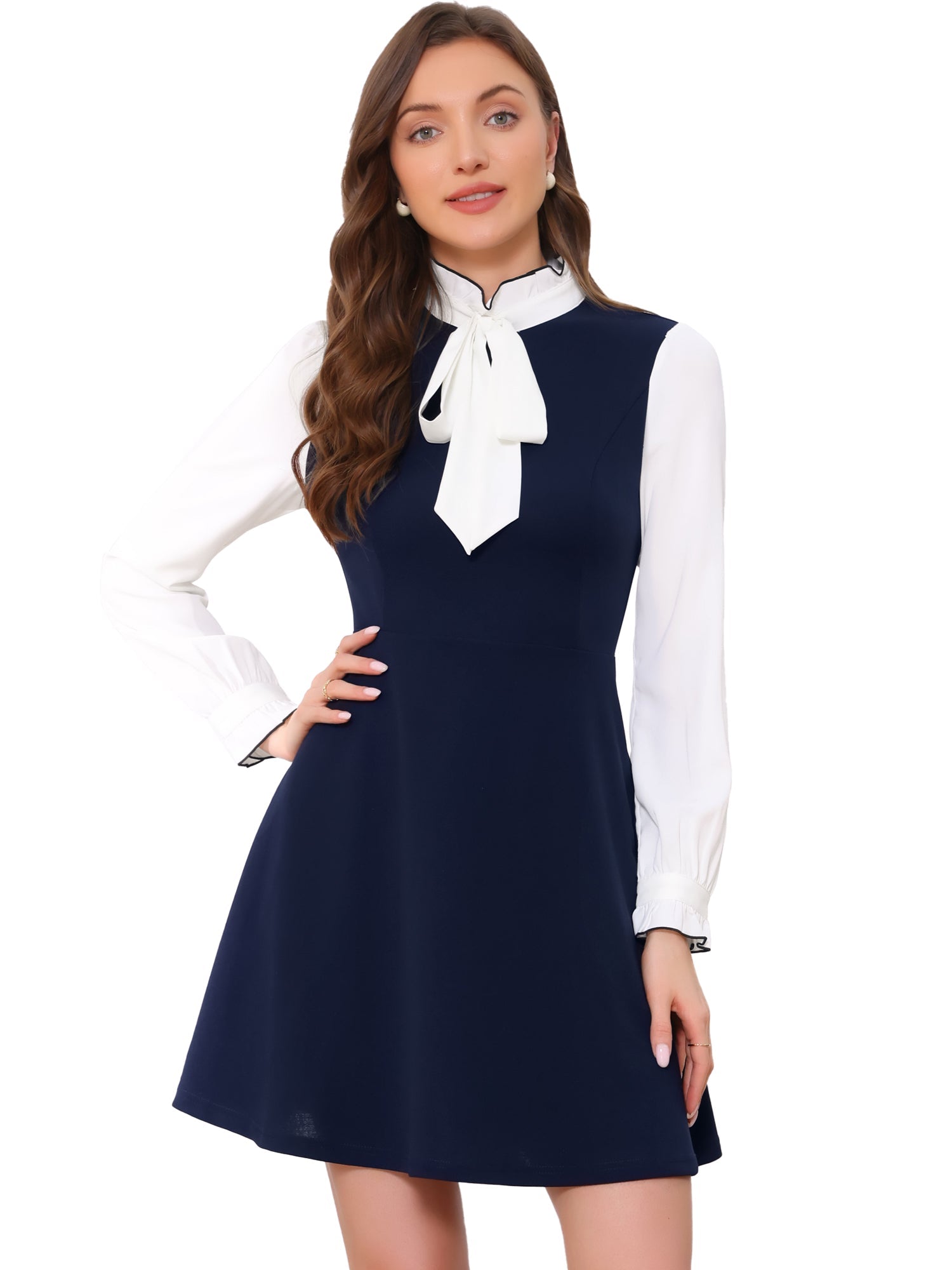 Patchwork Contrast Color Long Sleeve Tie Neck Mini Dress