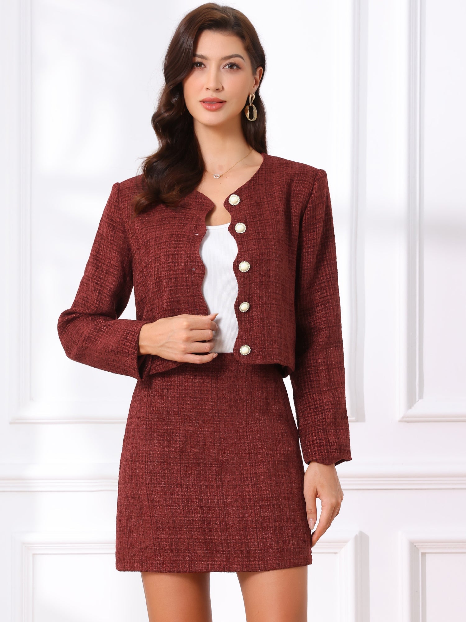 2 Pieces Tweed Long Sleeves Cropped Jacket & Mini Pencil Skirt Set