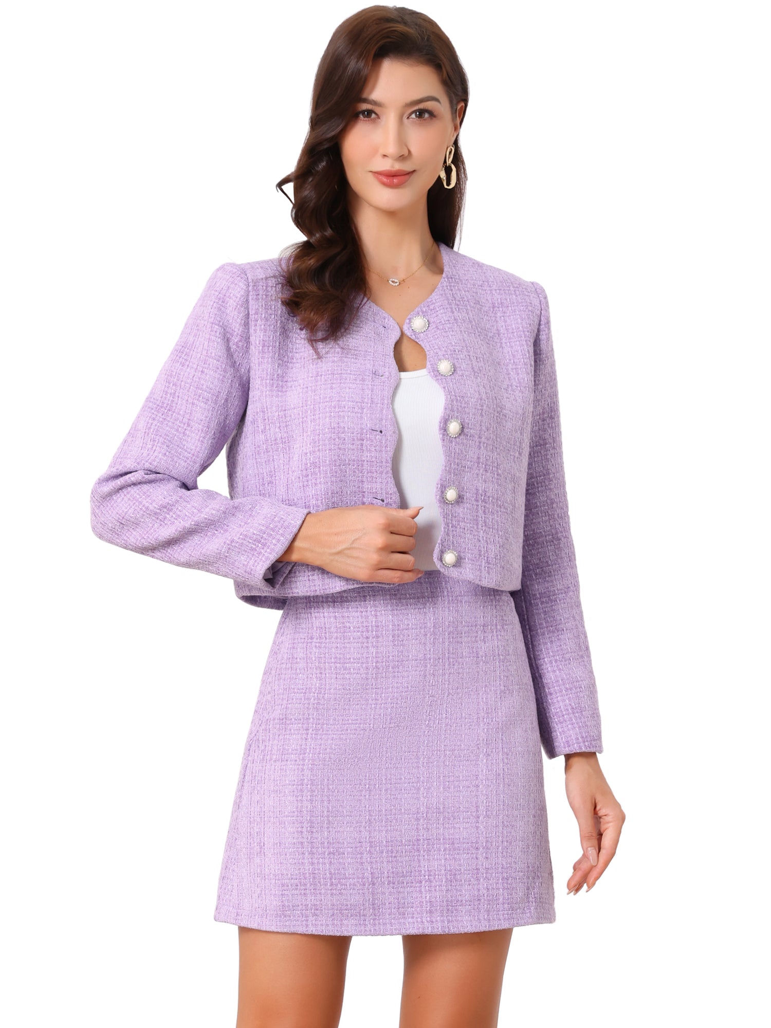2 Pieces Tweed Long Sleeves Cropped Jacket & Mini Pencil Skirt Set