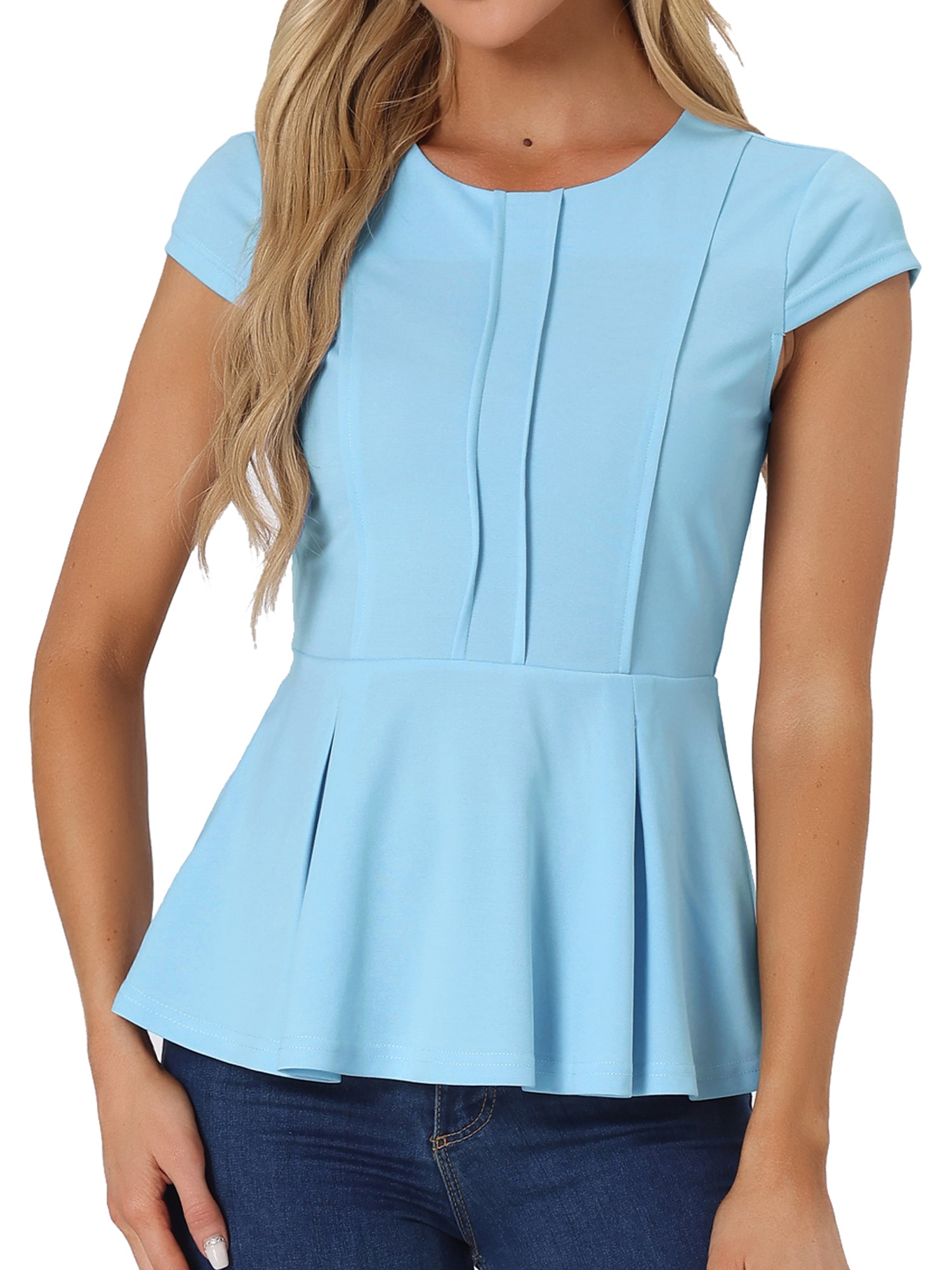 Elegant Round Neck Solid Color Cap Sleeve Peplum Blouse