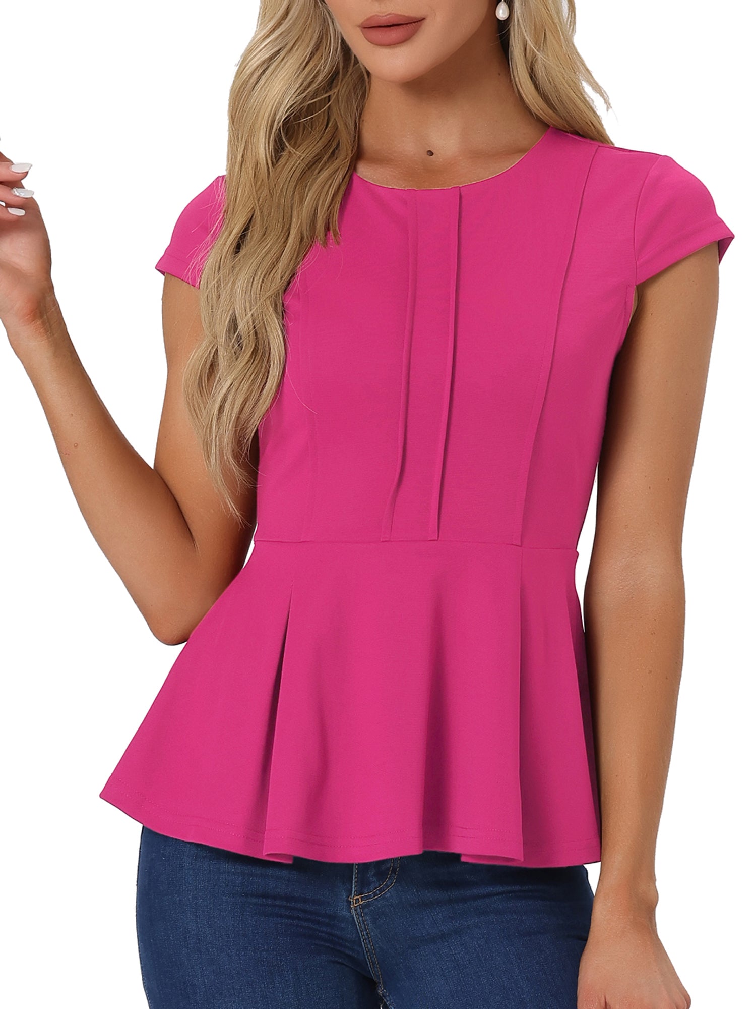 Elegant Round Neck Solid Color Cap Sleeve Peplum Blouse