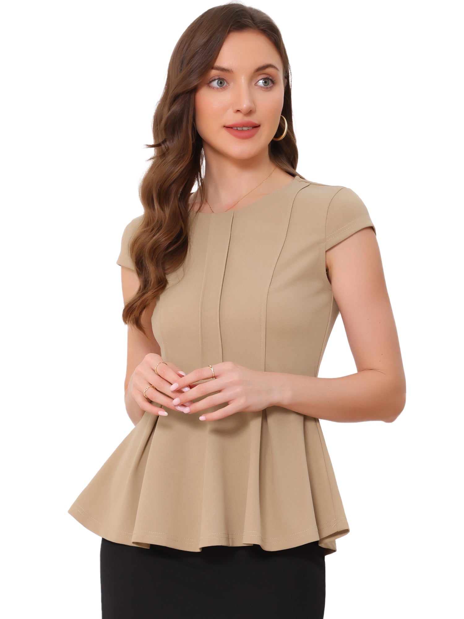 Elegant Round Neck Solid Color Cap Sleeve Peplum Blouse