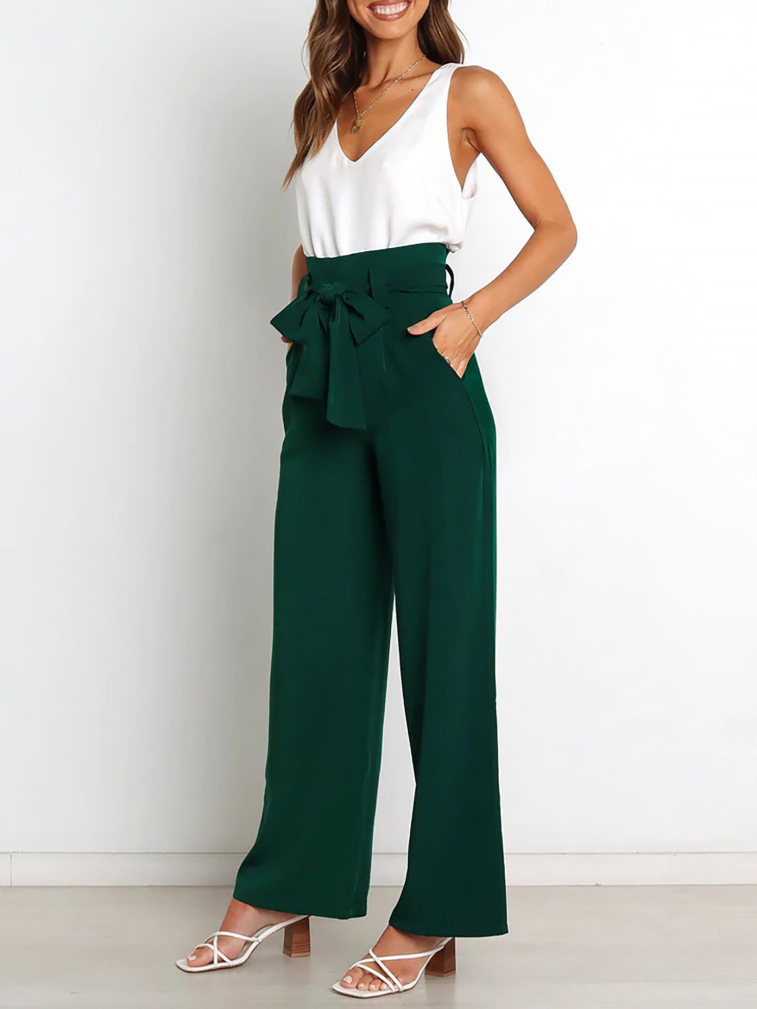 Wide Leg Tie Waist Versatile Paper Bag Pants