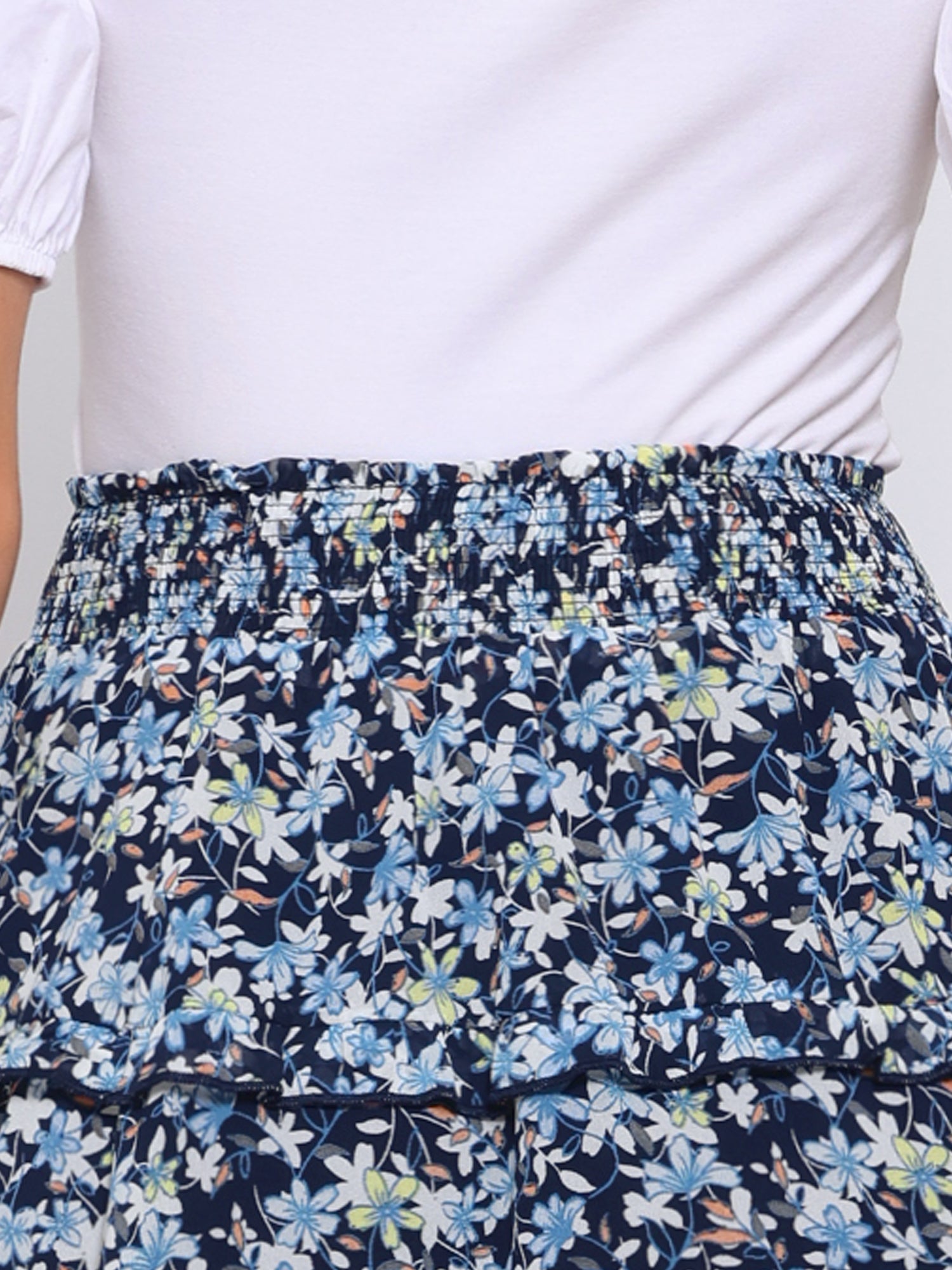 Floral Smocked Elastic Waist Knee Length Ruffle Tiered Skirt