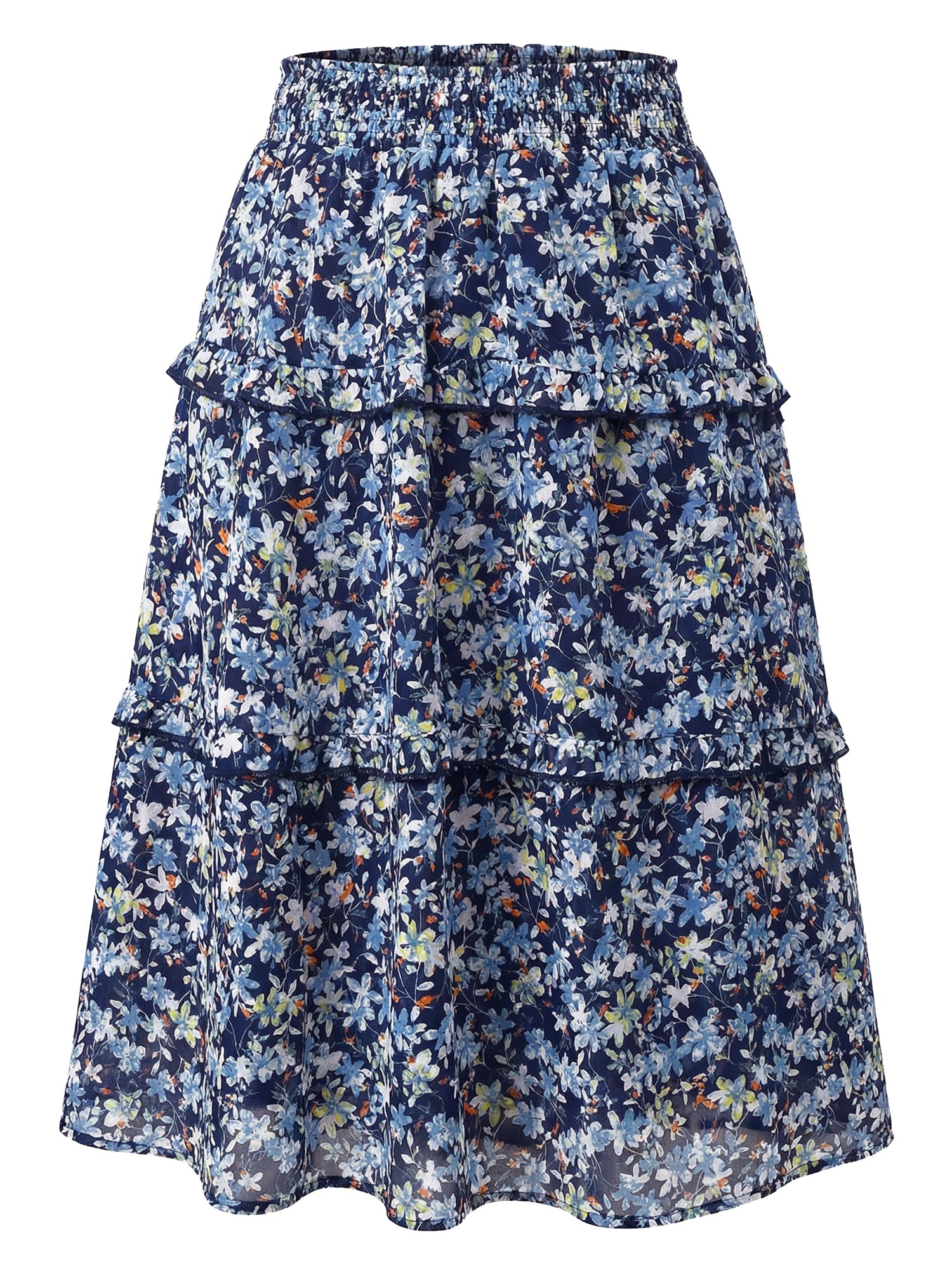 Floral Smocked Elastic Waist Knee Length Ruffle Tiered Skirt