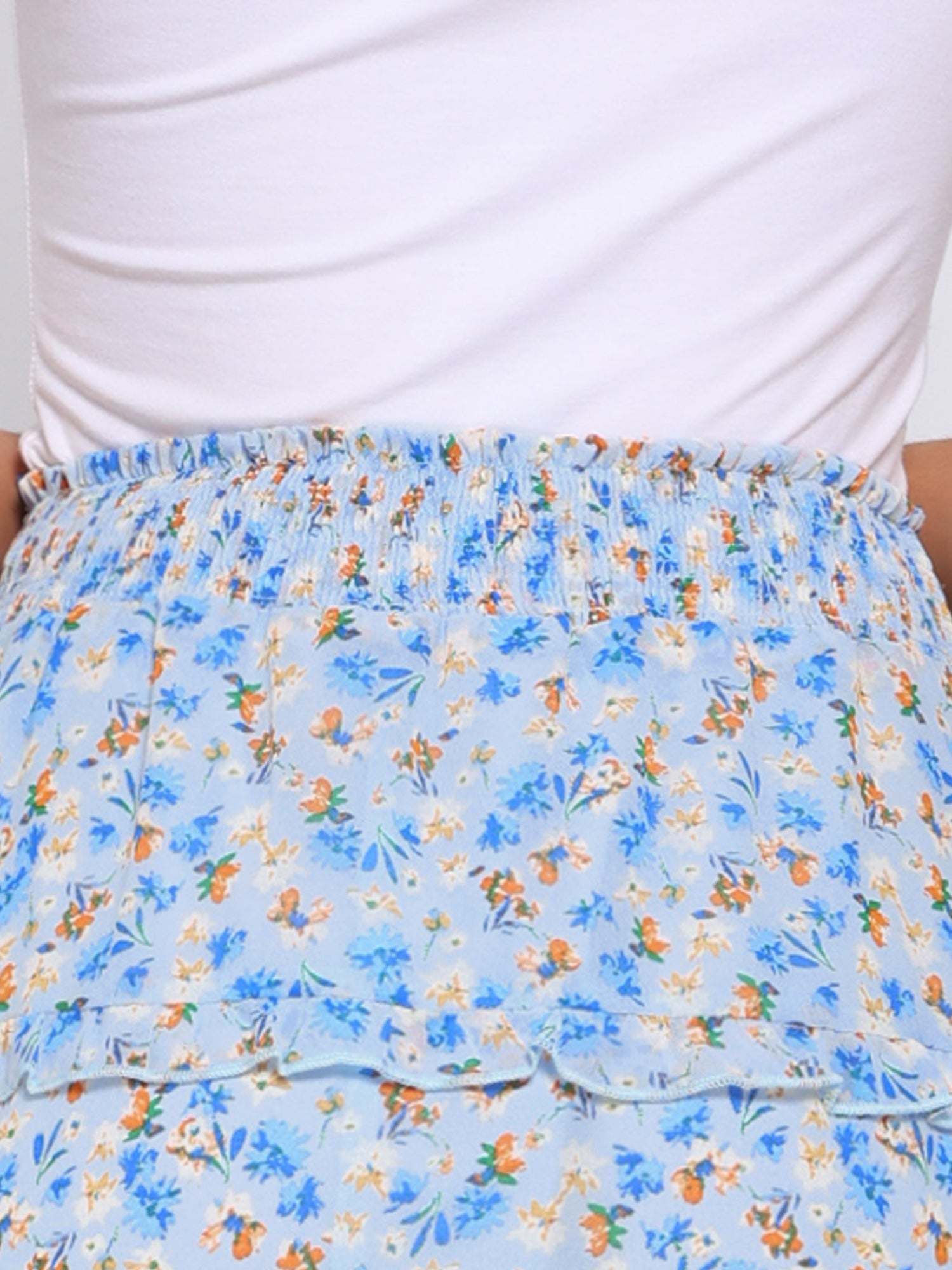 Floral Smocked Elastic Waist Knee Length Ruffle Tiered Skirt