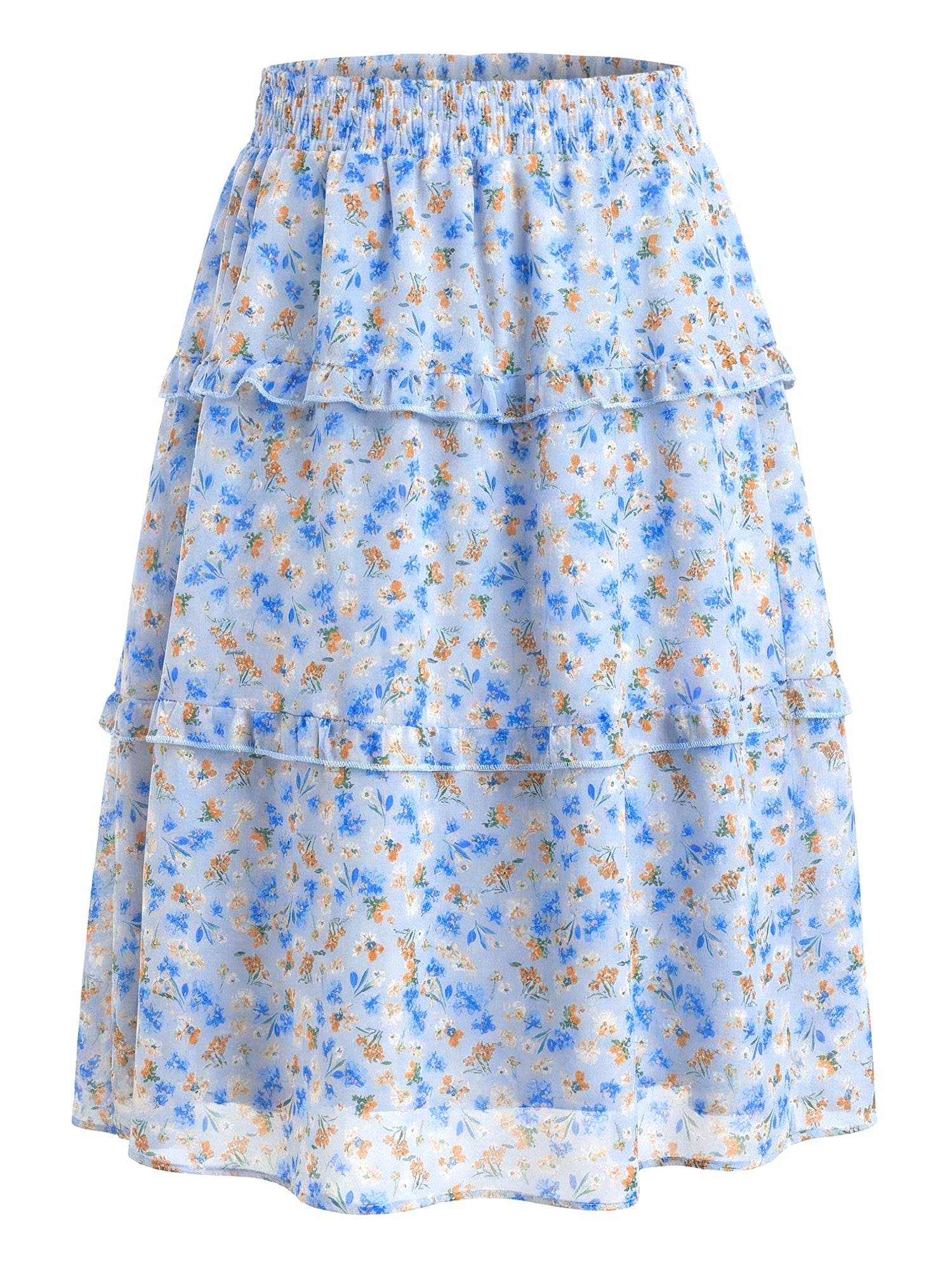 Floral Smocked Elastic Waist Knee Length Ruffle Tiered Skirt