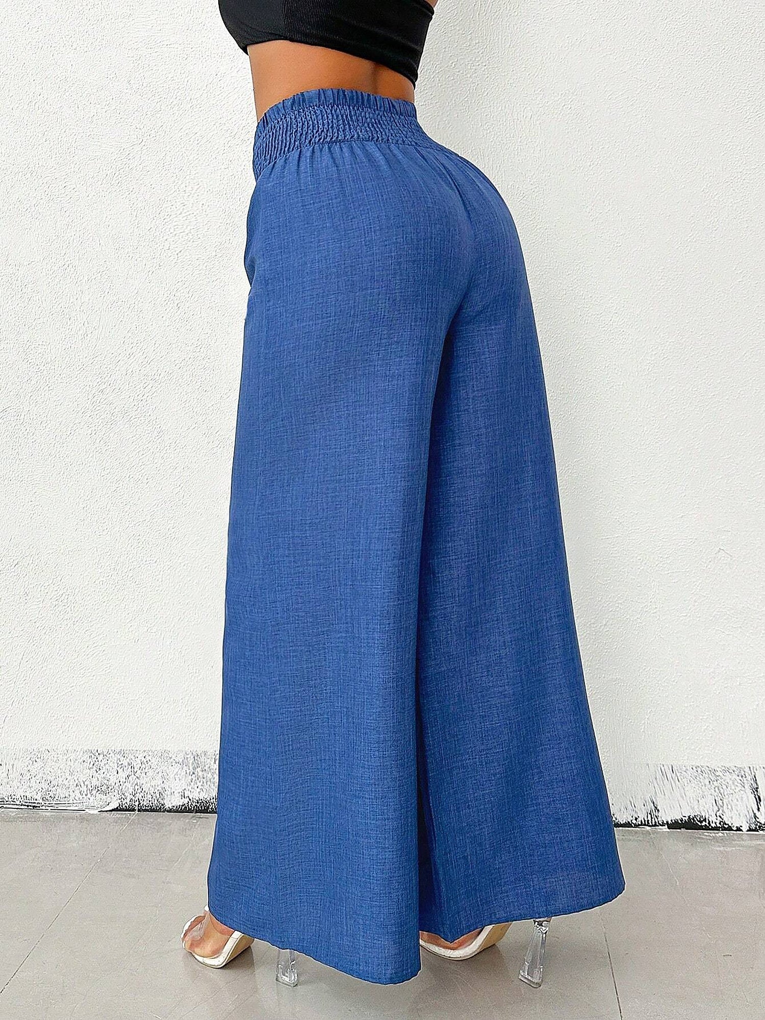 Smocked Elastic Waist Wide Leg Trousers Pants
