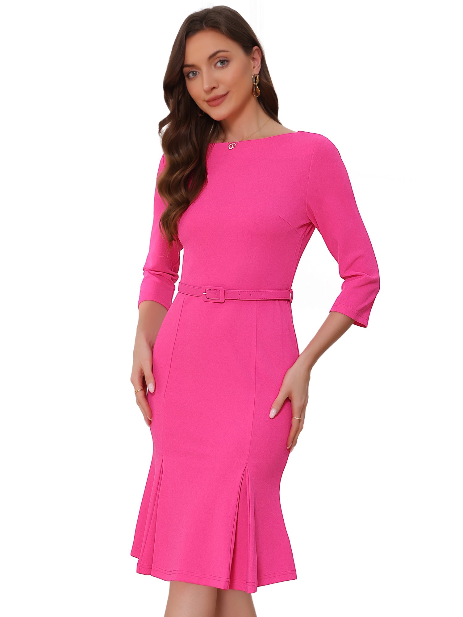 Business Elegant Boat Neck Half Sleeve Pleated Midi Solid Dress