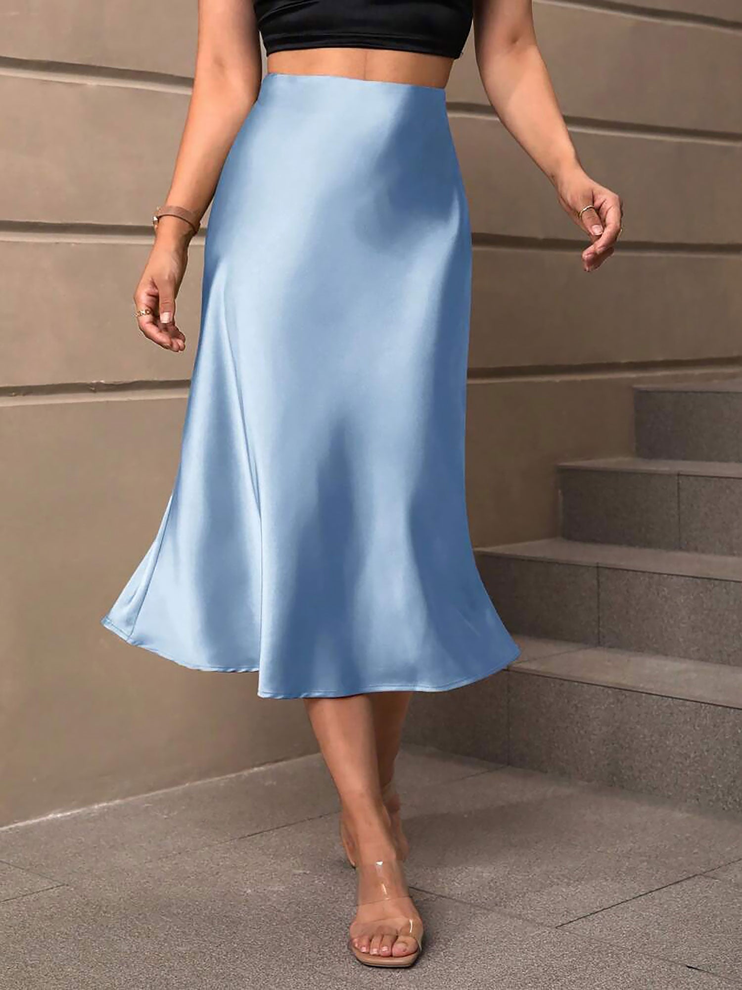 Solid Color Satin Fishtail Midi Skirt
