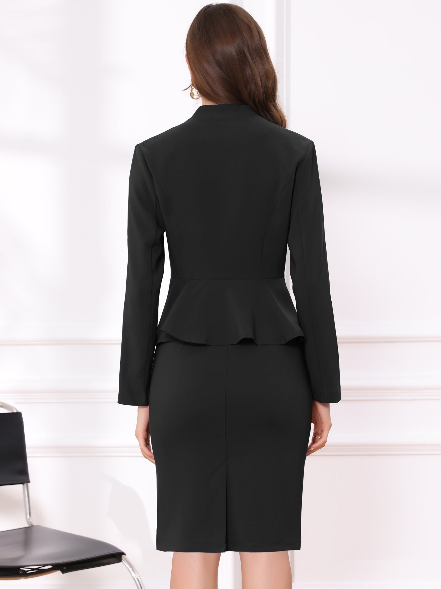 2 Piece Long Sleeve Collarless Peplum Blazer and Pencil Skirt Work Suit Set