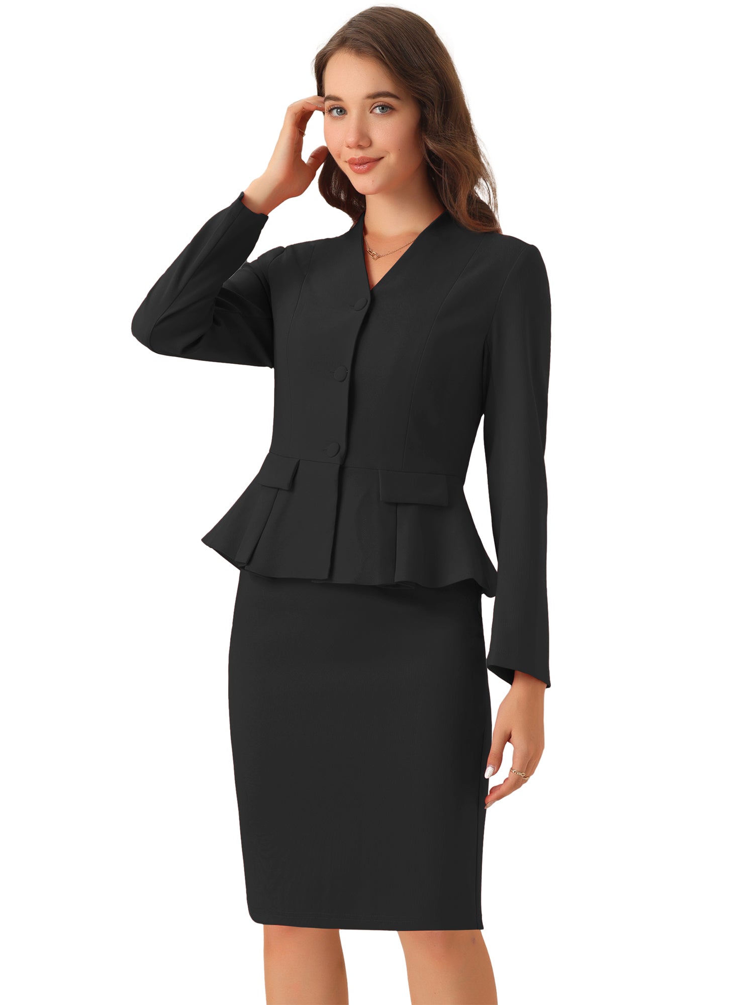 2 Piece Long Sleeve Collarless Peplum Blazer and Pencil Skirt Work Suit Set