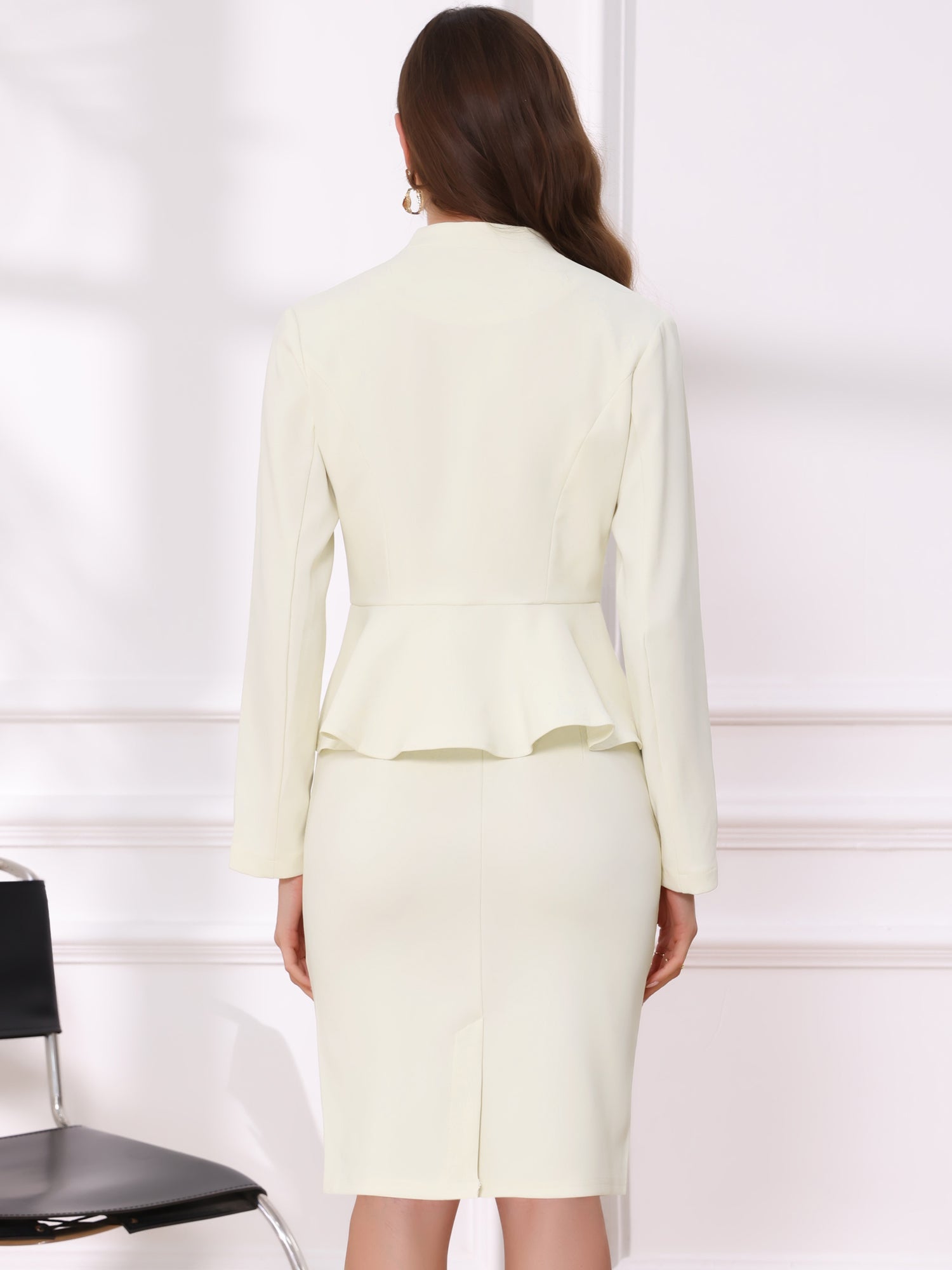 2 Piece Long Sleeve Collarless Peplum Blazer and Pencil Skirt Work Suit Set