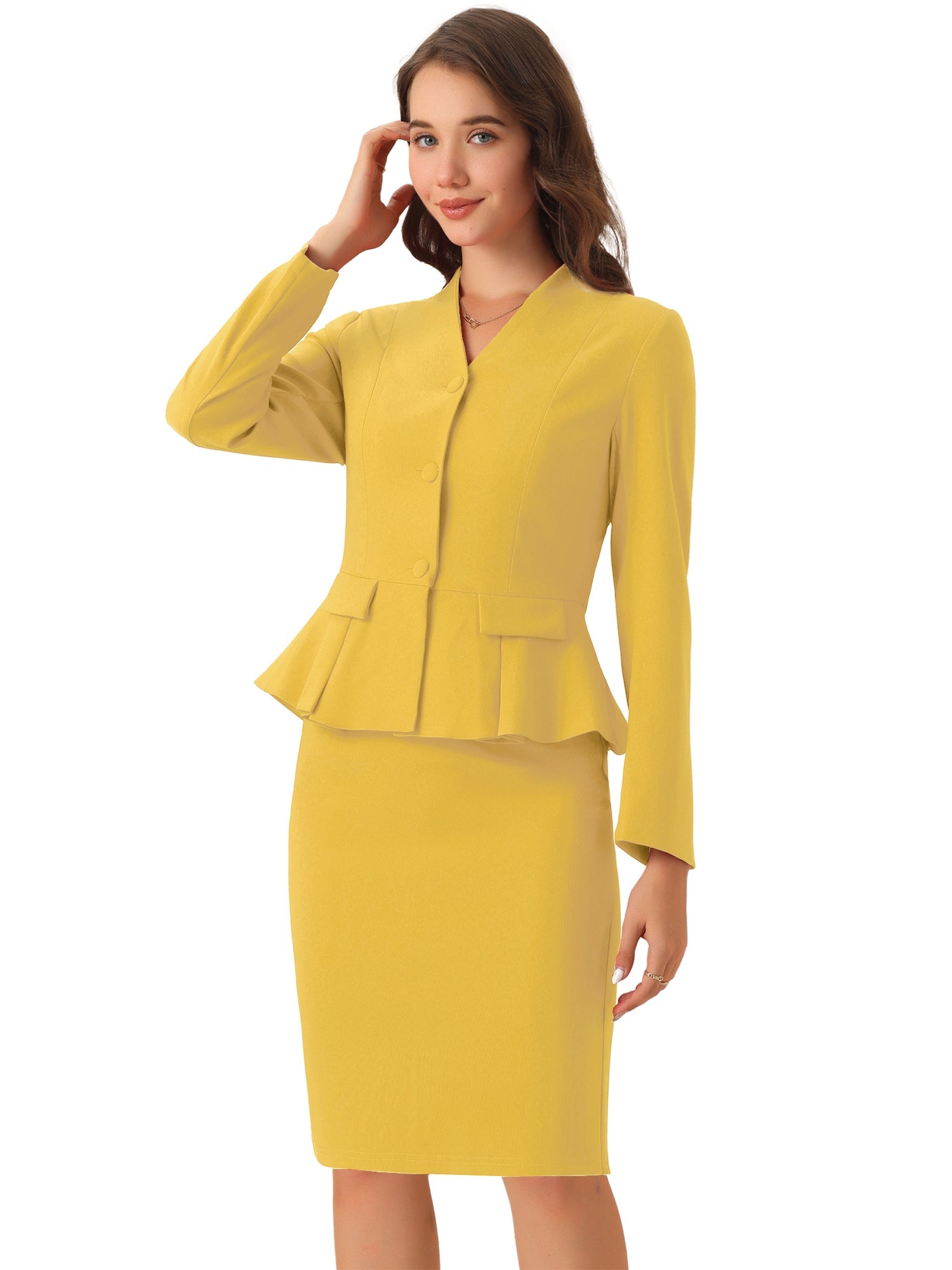 2 Piece Long Sleeve Collarless Peplum Blazer and Pencil Skirt Work Suit Set