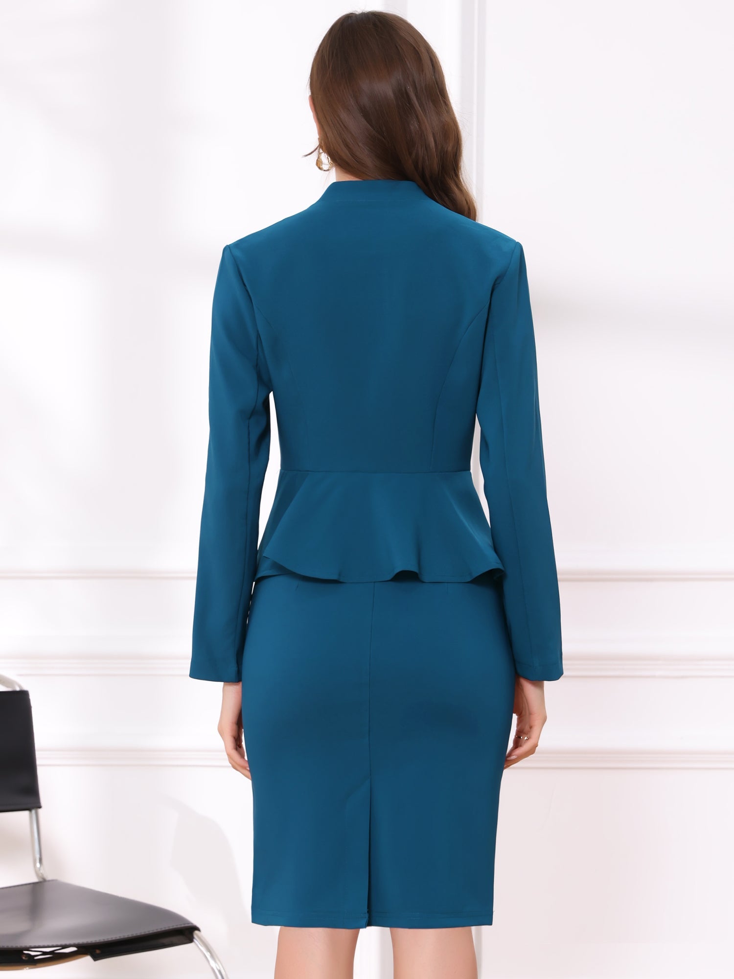 2 Piece Long Sleeve Collarless Peplum Blazer and Pencil Skirt Work Suit Set