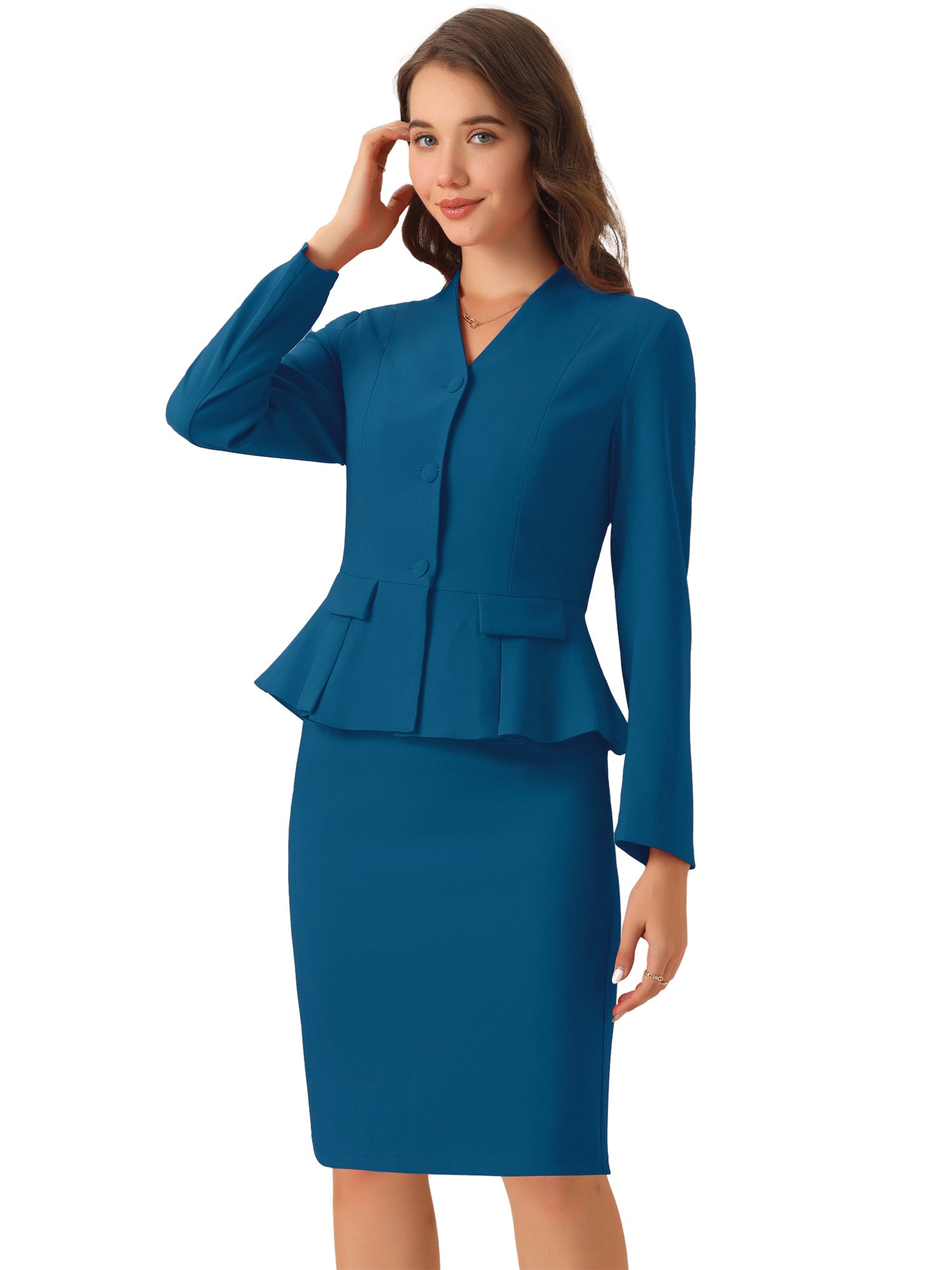 2 Piece Long Sleeve Collarless Peplum Blazer and Pencil Skirt Work Suit Set