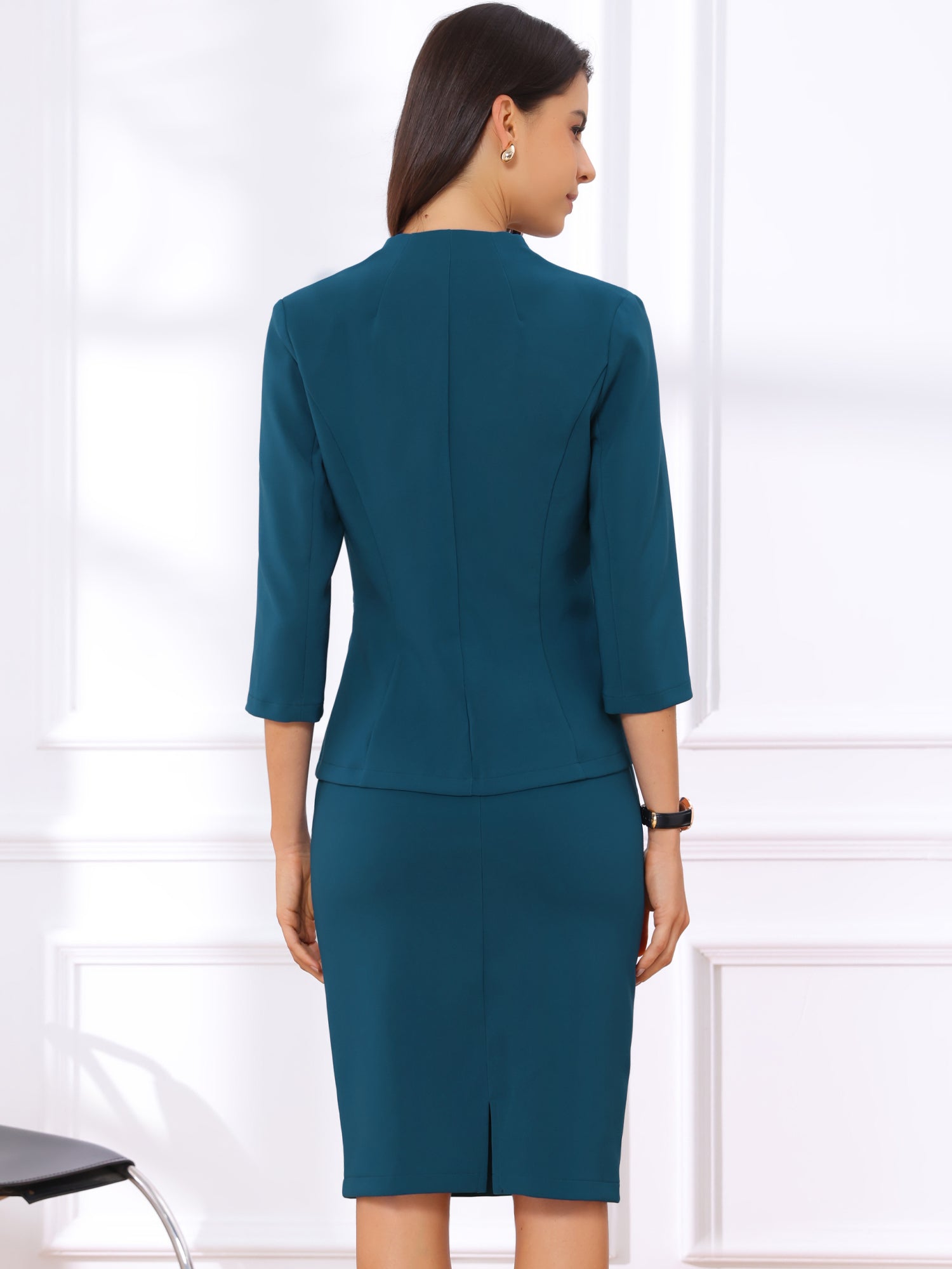 2 Pieces Collarless 3/4 Sleeves Blazer and Pencil Skirt Office Work Business Suit Set