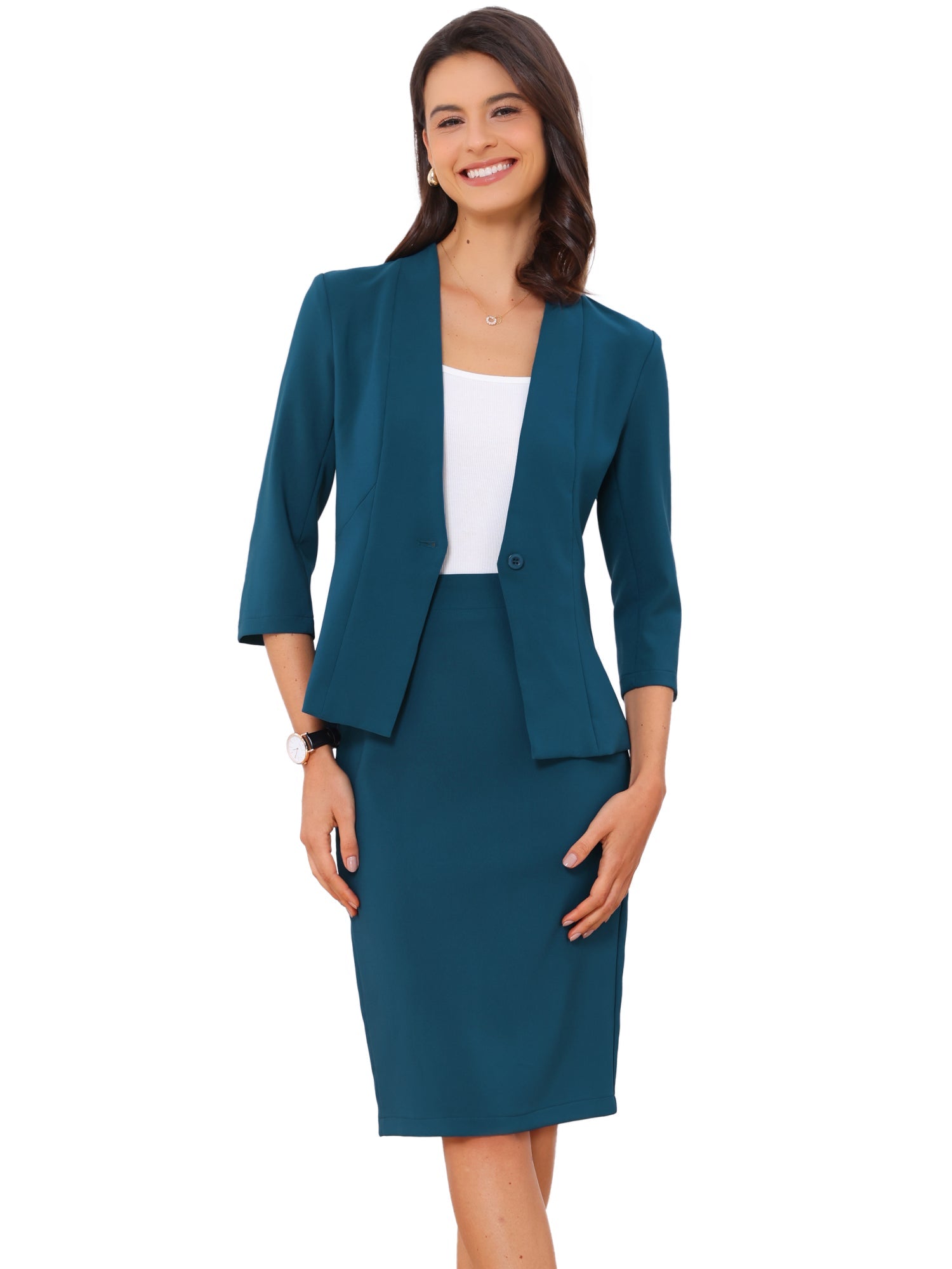 2 Pieces Collarless 3/4 Sleeves Blazer and Pencil Skirt Office Work Business Suit Set