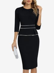 Classic Slim Sheath Silhouette Round Neck 3/4 Sleeves Midi Sheath Office Dress