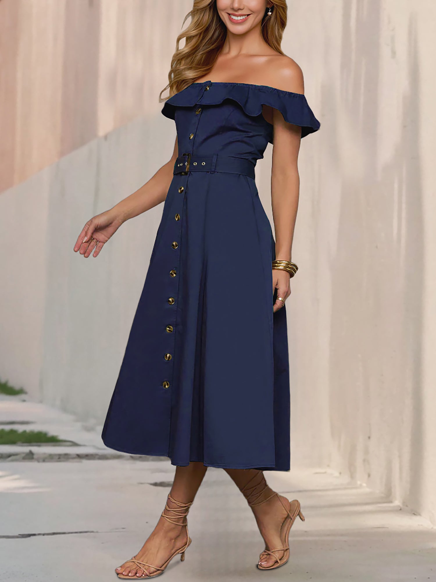 Off Shoulder Button Down Belted A-Line Dress