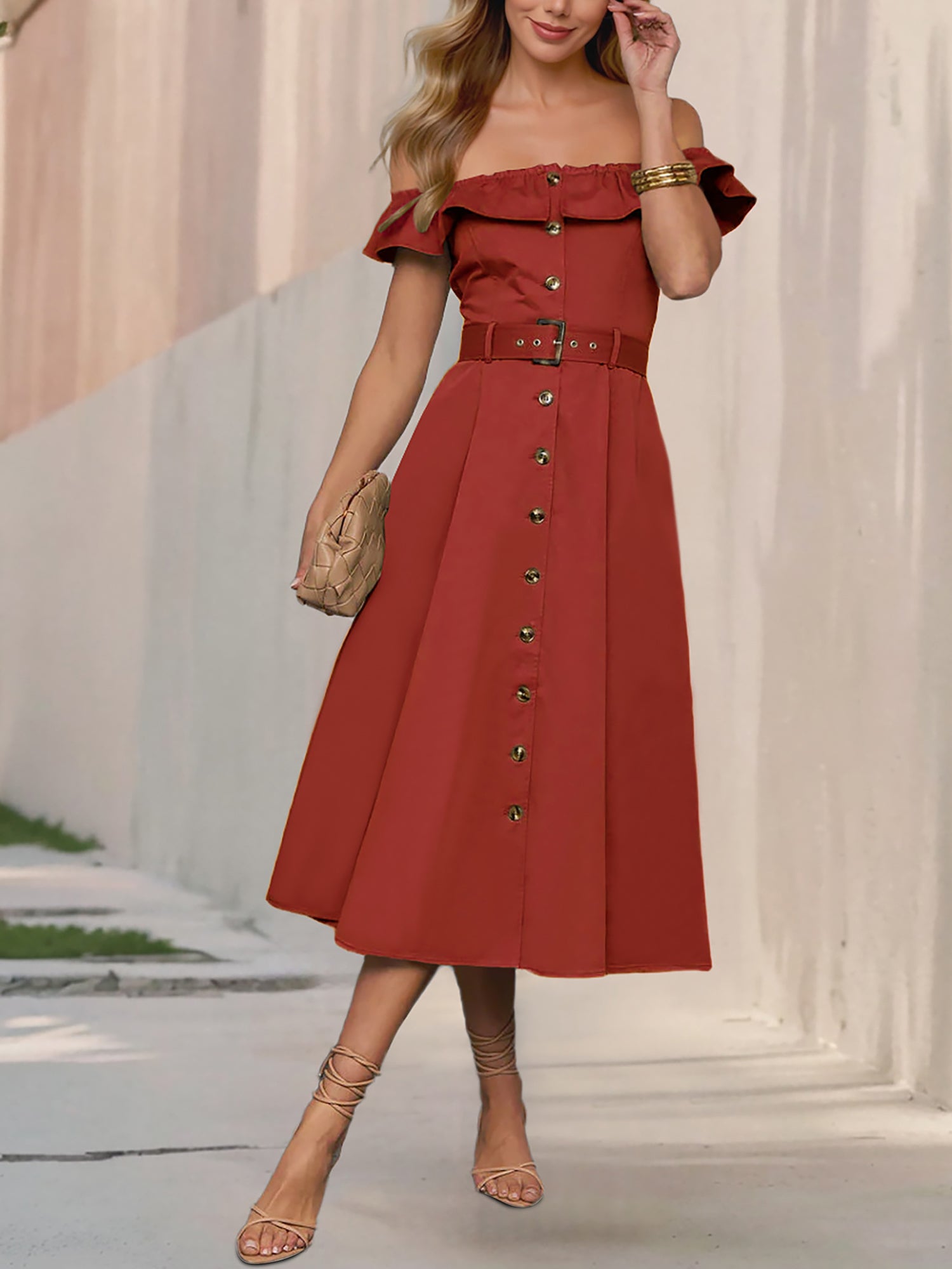 Off Shoulder Button Down Belted A-Line Dress