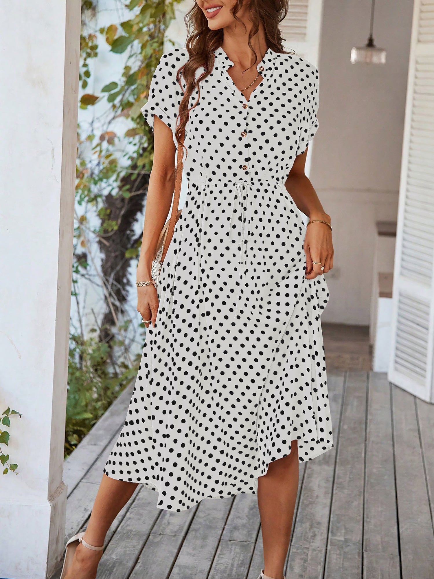 Polka Dot Short Sleeves Button Midi Shirt Dress