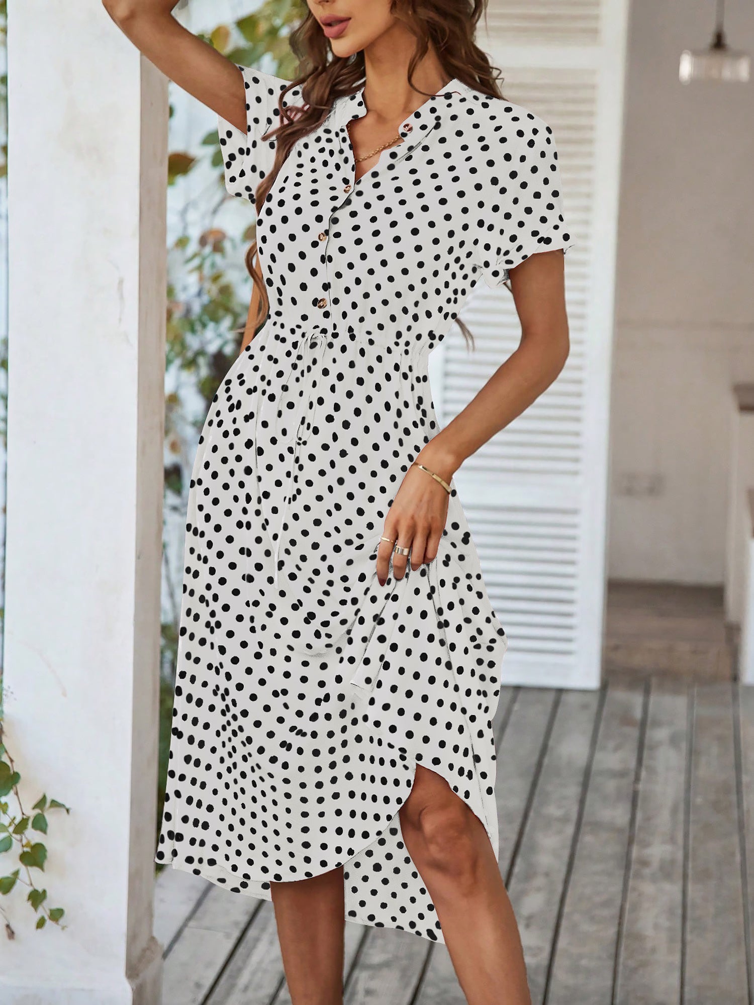 Polka Dot Short Sleeves Button Midi Shirt Dress
