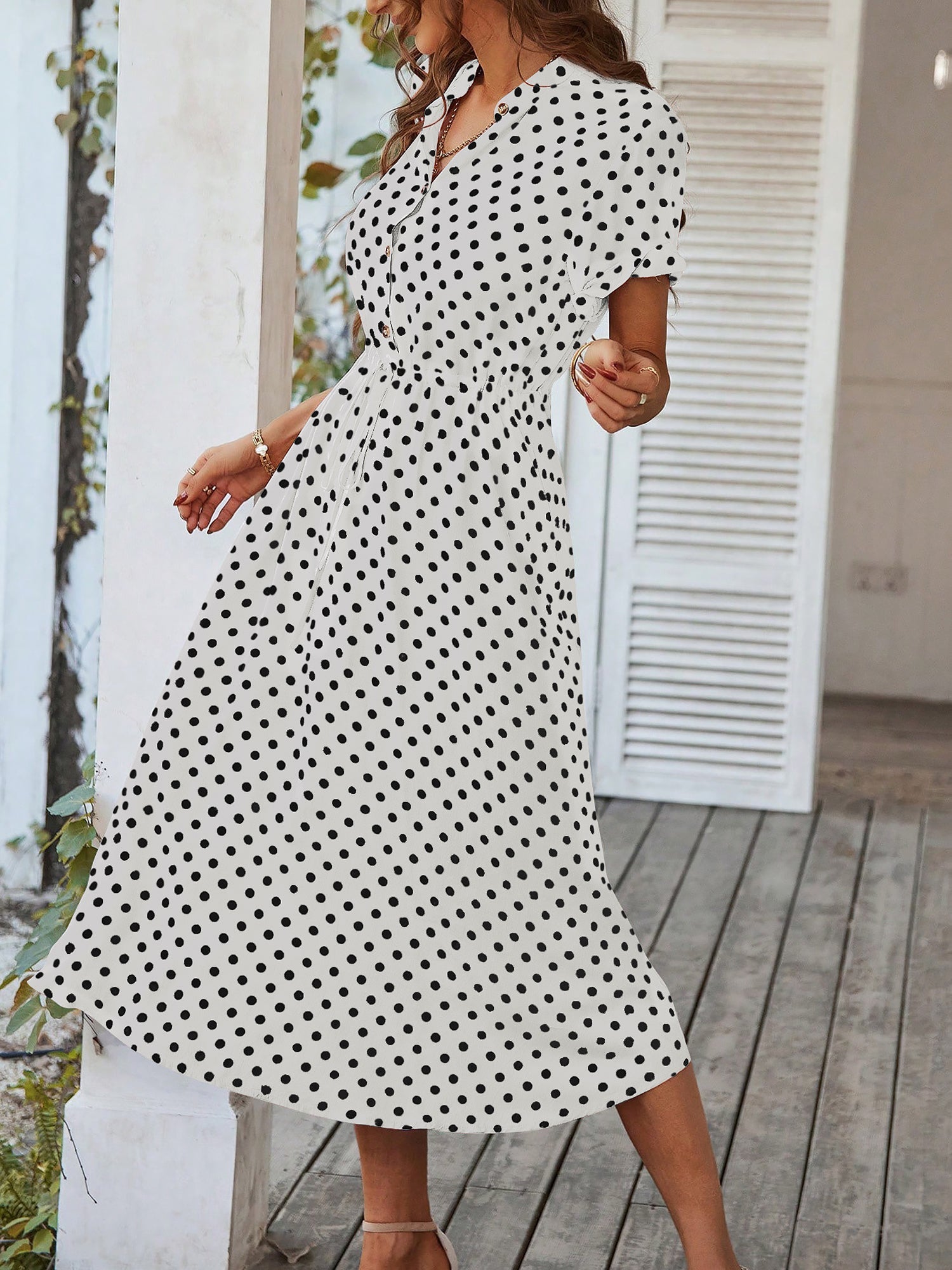 Polka Dot Short Sleeves Button Midi Shirt Dress