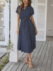 Polka Dot Short Sleeves Button Midi Shirt Dress