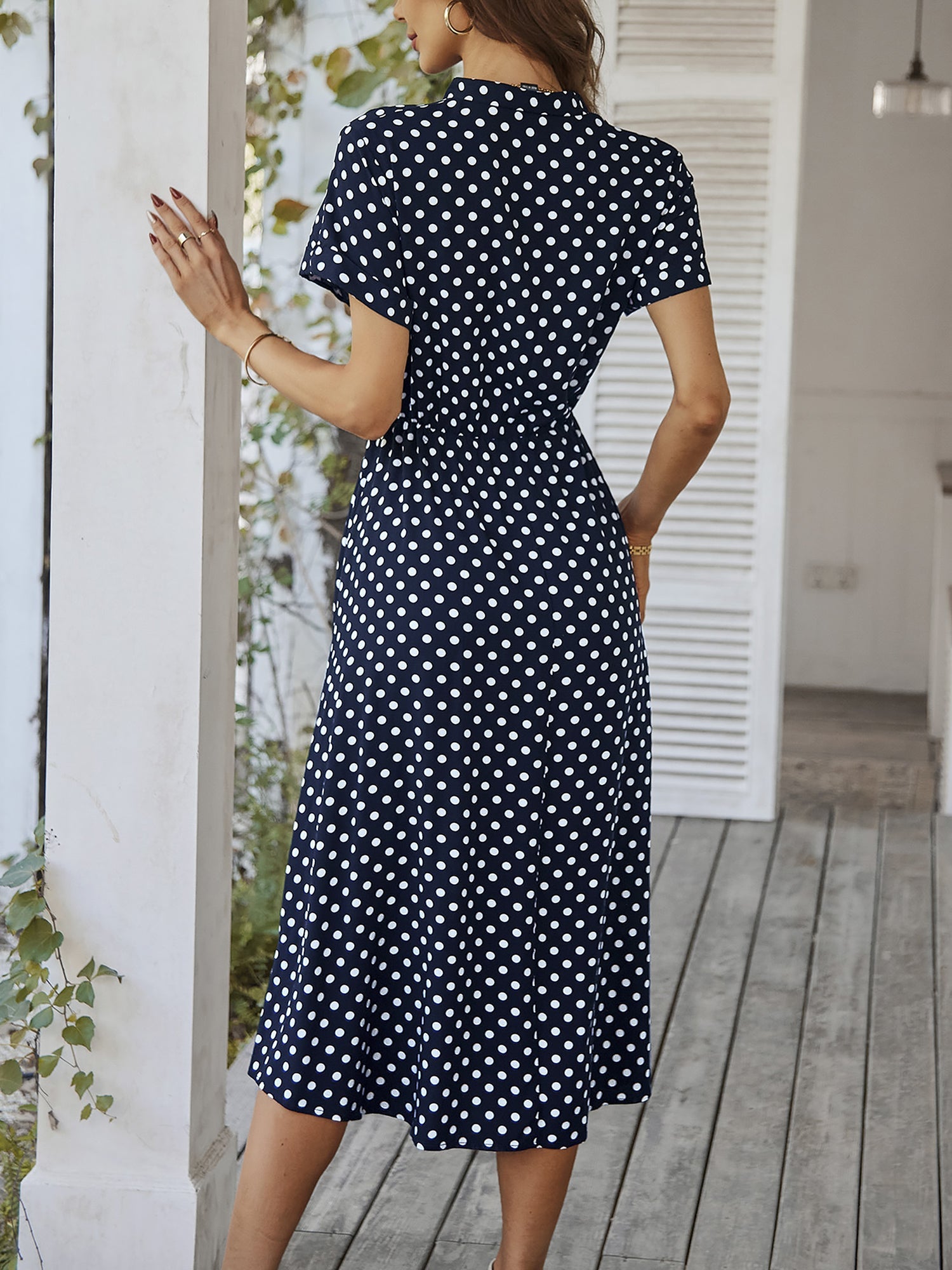 Polka Dot Short Sleeves Button Midi Shirt Dress