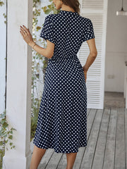 Polka Dot Short Sleeves Button Midi Shirt Dress