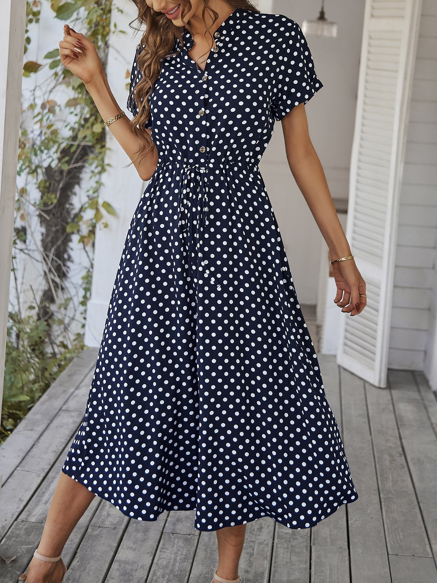 Polka Dot Short Sleeves Button Midi Shirt Dress