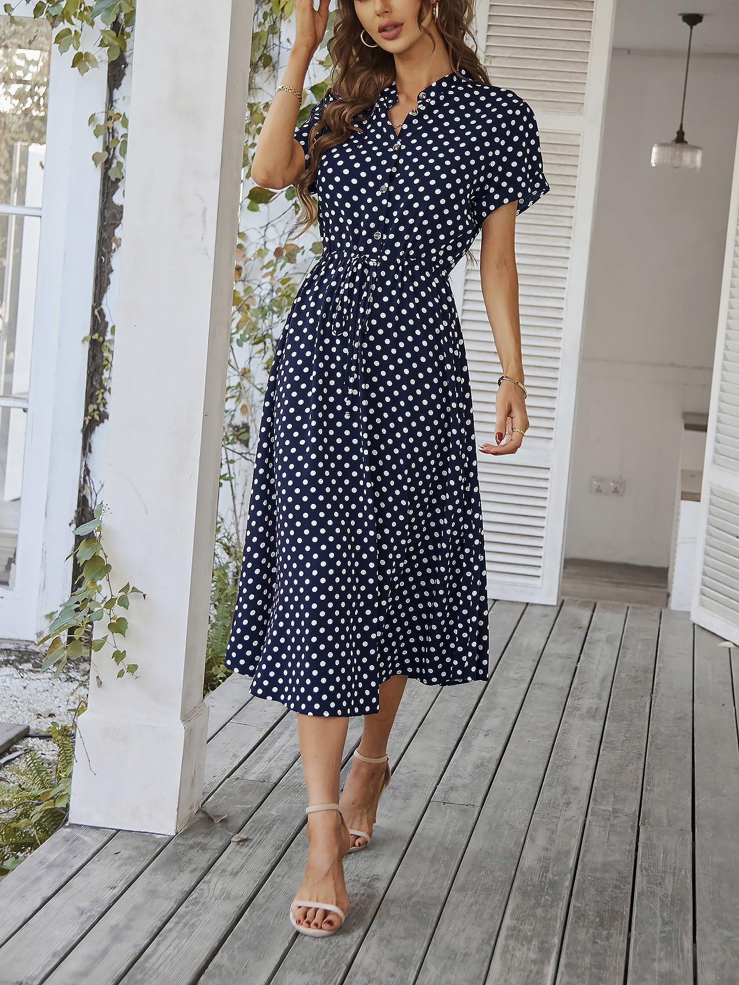 Polka Dot Short Sleeves Button Midi Shirt Dress