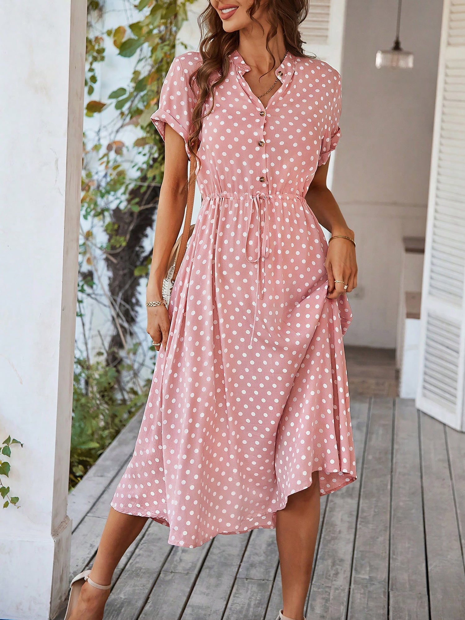 Polka Dot Short Sleeves Button Midi Shirt Dress