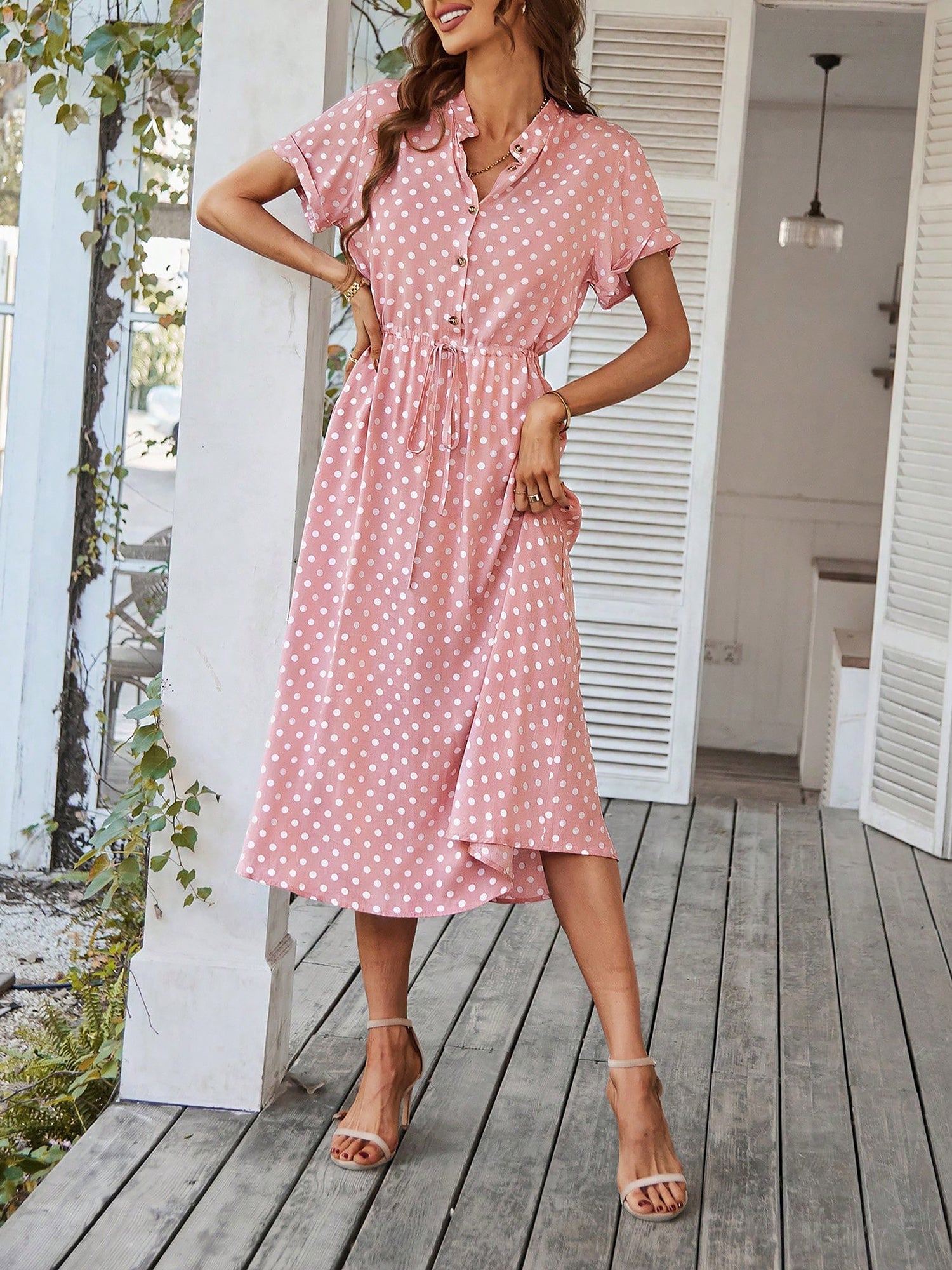 Polka Dot Short Sleeves Button Midi Shirt Dress