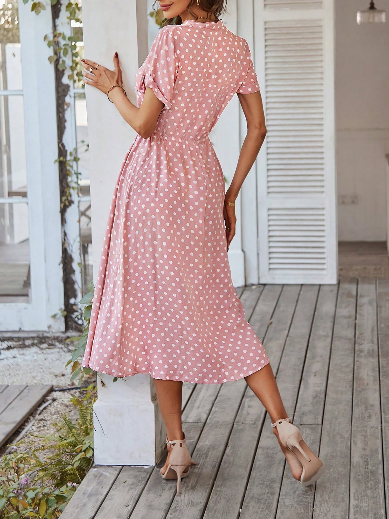 Polka Dot Short Sleeves Button Midi Shirt Dress