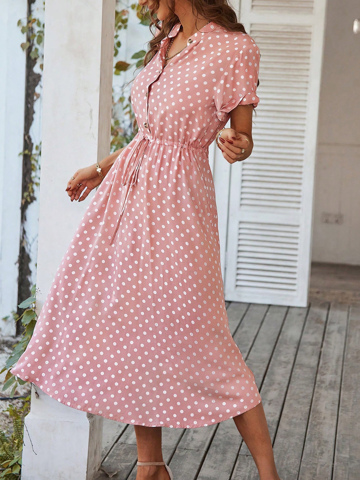 Polka Dot Short Sleeves Button Midi Shirt Dress