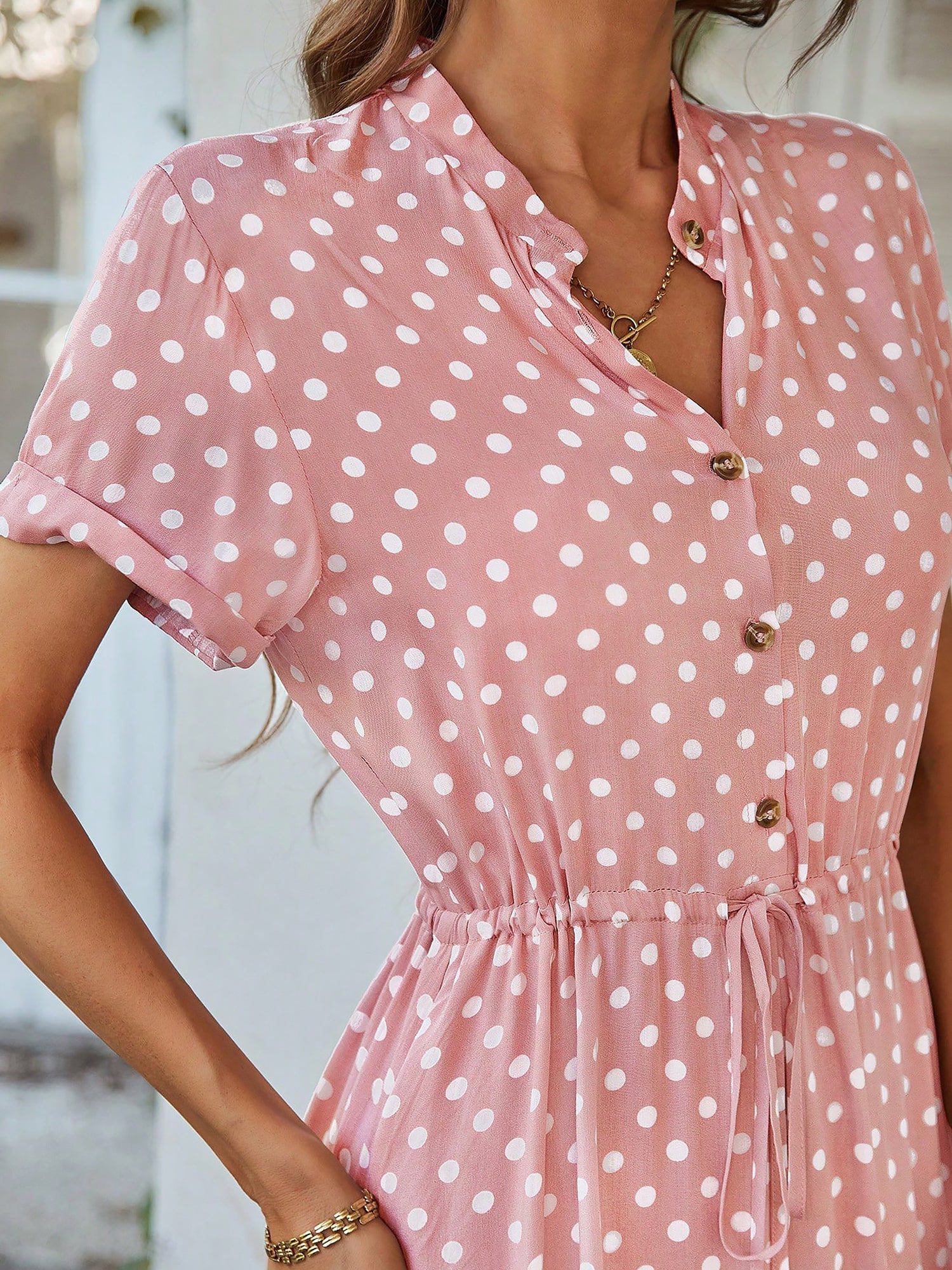 Polka Dot Short Sleeves Button Midi Shirt Dress