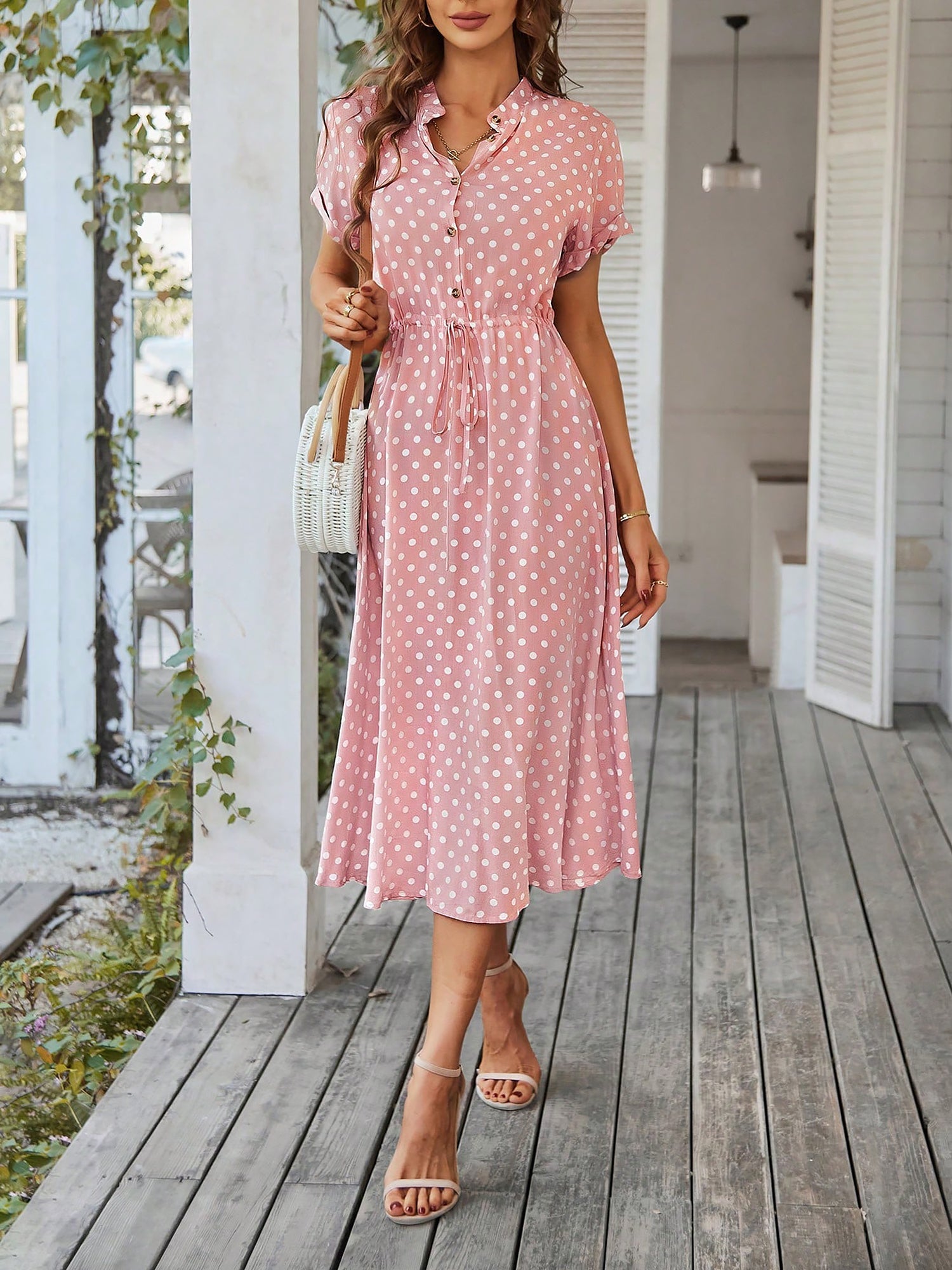 Polka Dot Short Sleeves Button Midi Shirt Dress