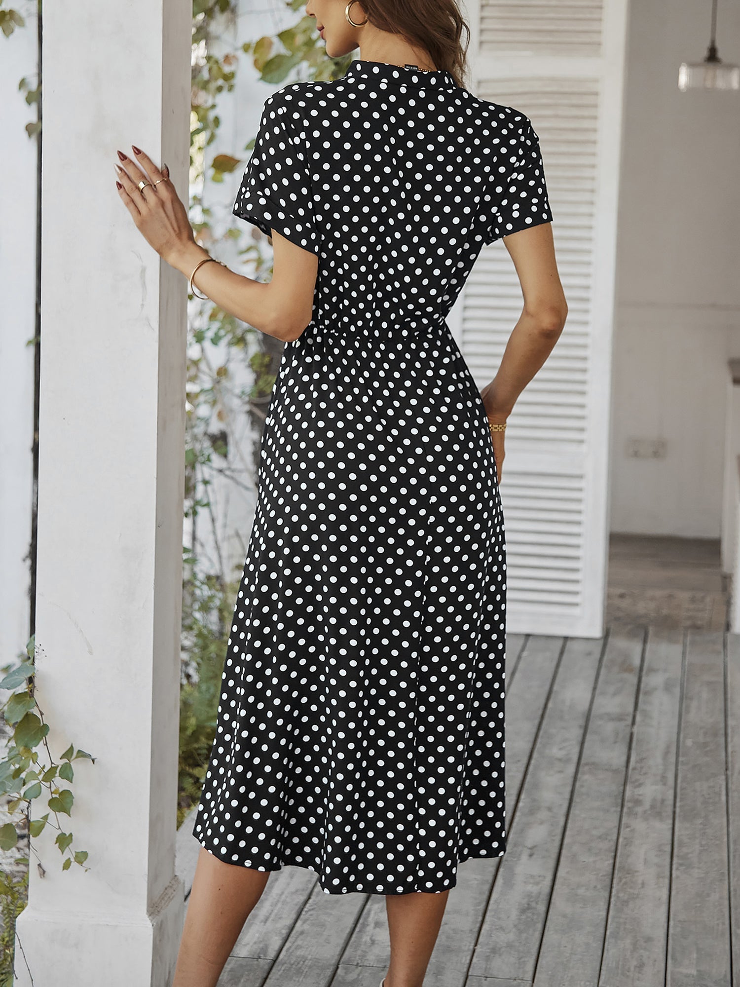 Polka Dot Short Sleeves Button Midi Shirt Dress