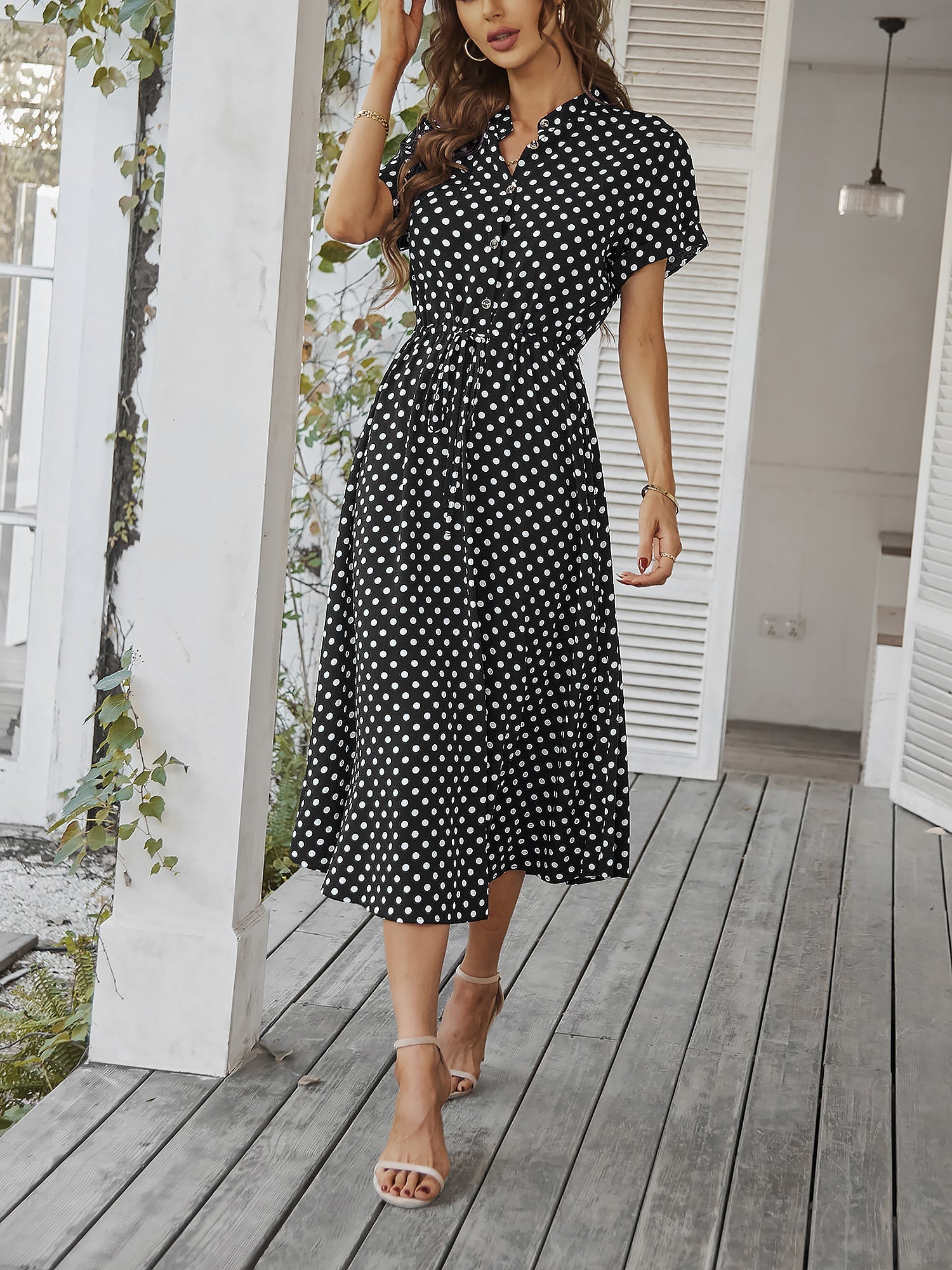 Polka Dot Short Sleeves Button Midi Shirt Dress