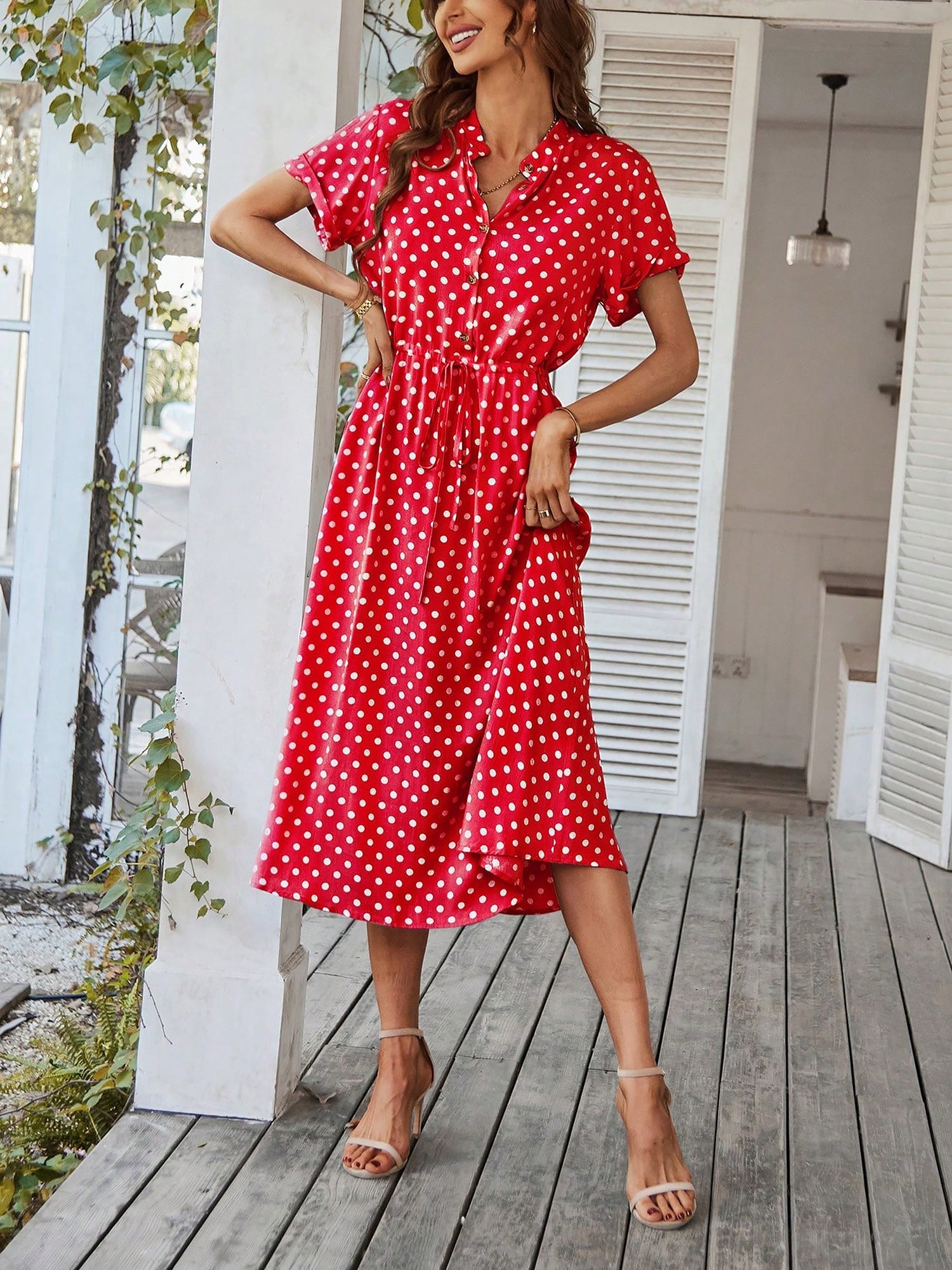Polka Dot Short Sleeves Button Midi Shirt Dress
