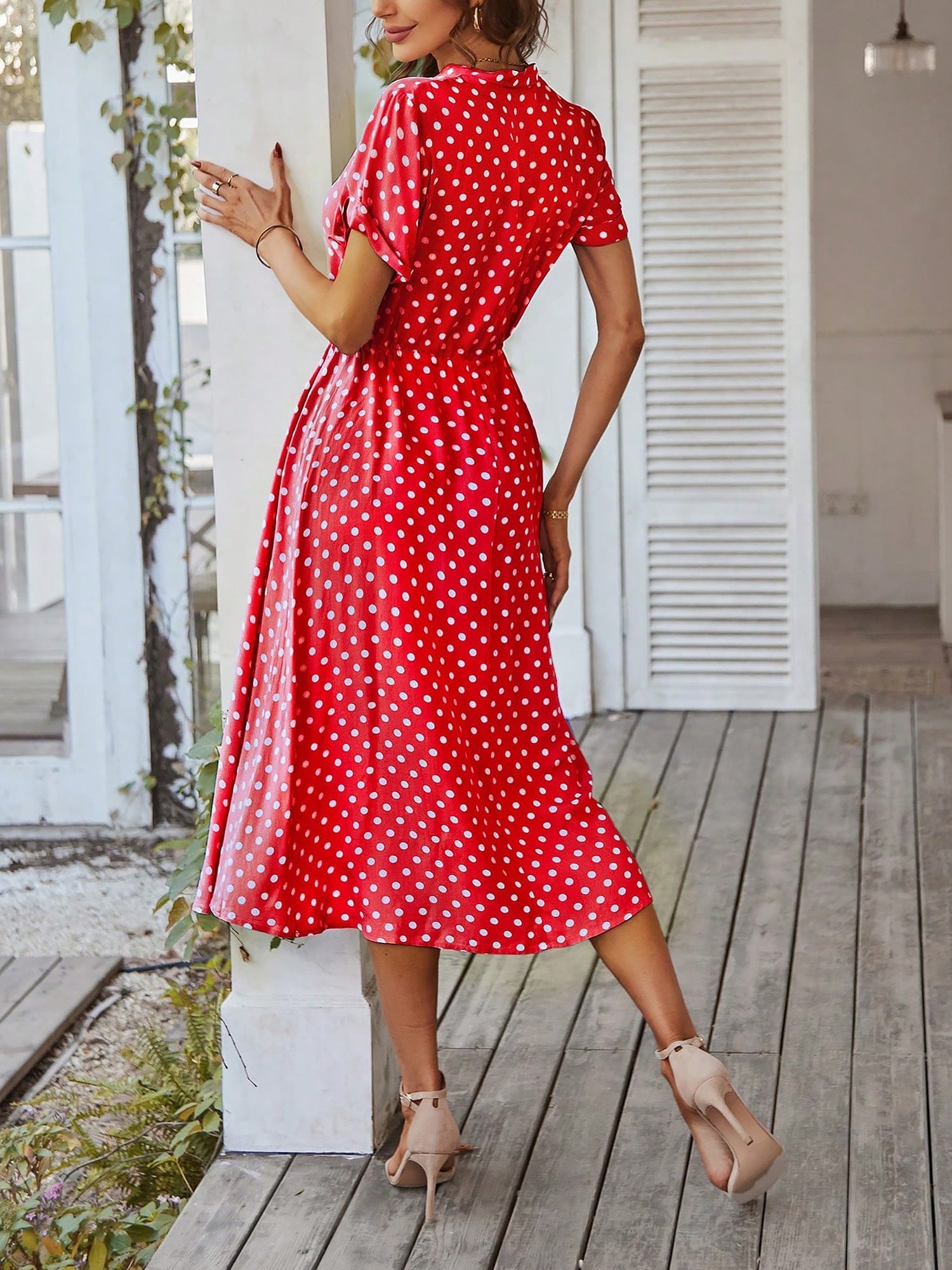 Polka Dot Short Sleeves Button Midi Shirt Dress