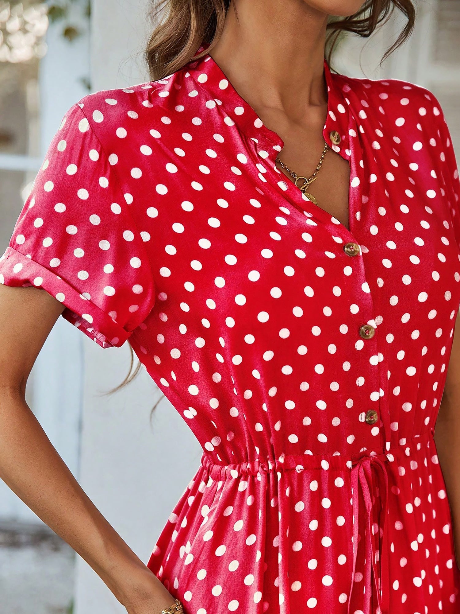 Polka Dot Short Sleeves Button Midi Shirt Dress