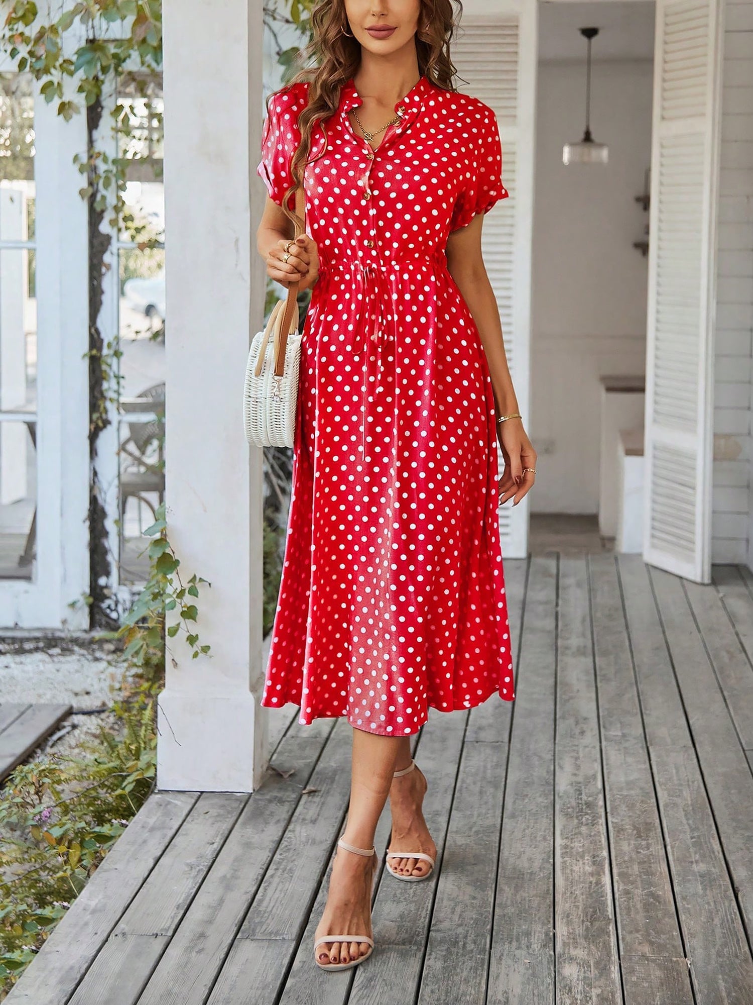 Polka Dot Short Sleeves Button Midi Shirt Dress