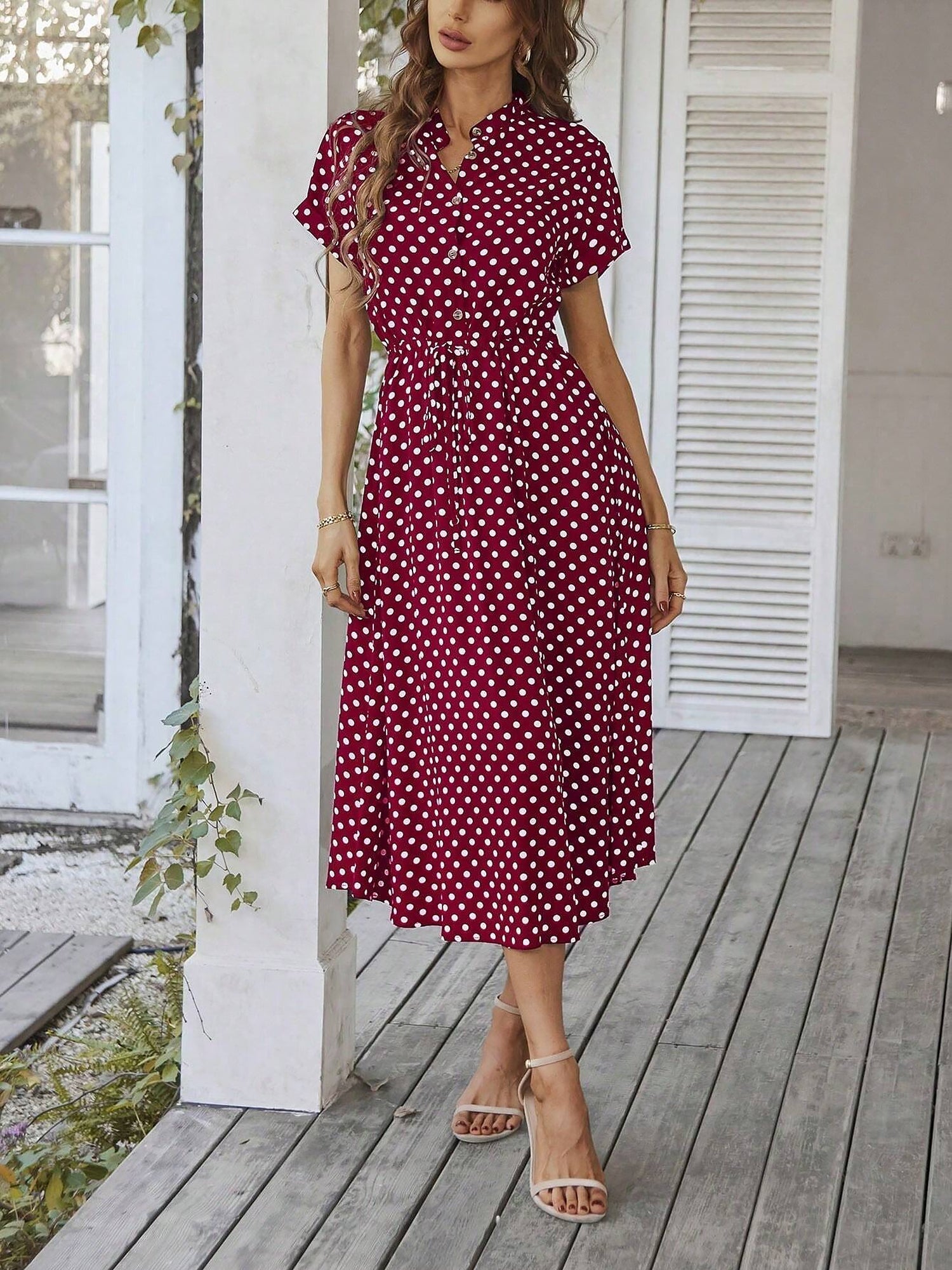 Polka Dot Short Sleeves Button Midi Shirt Dress