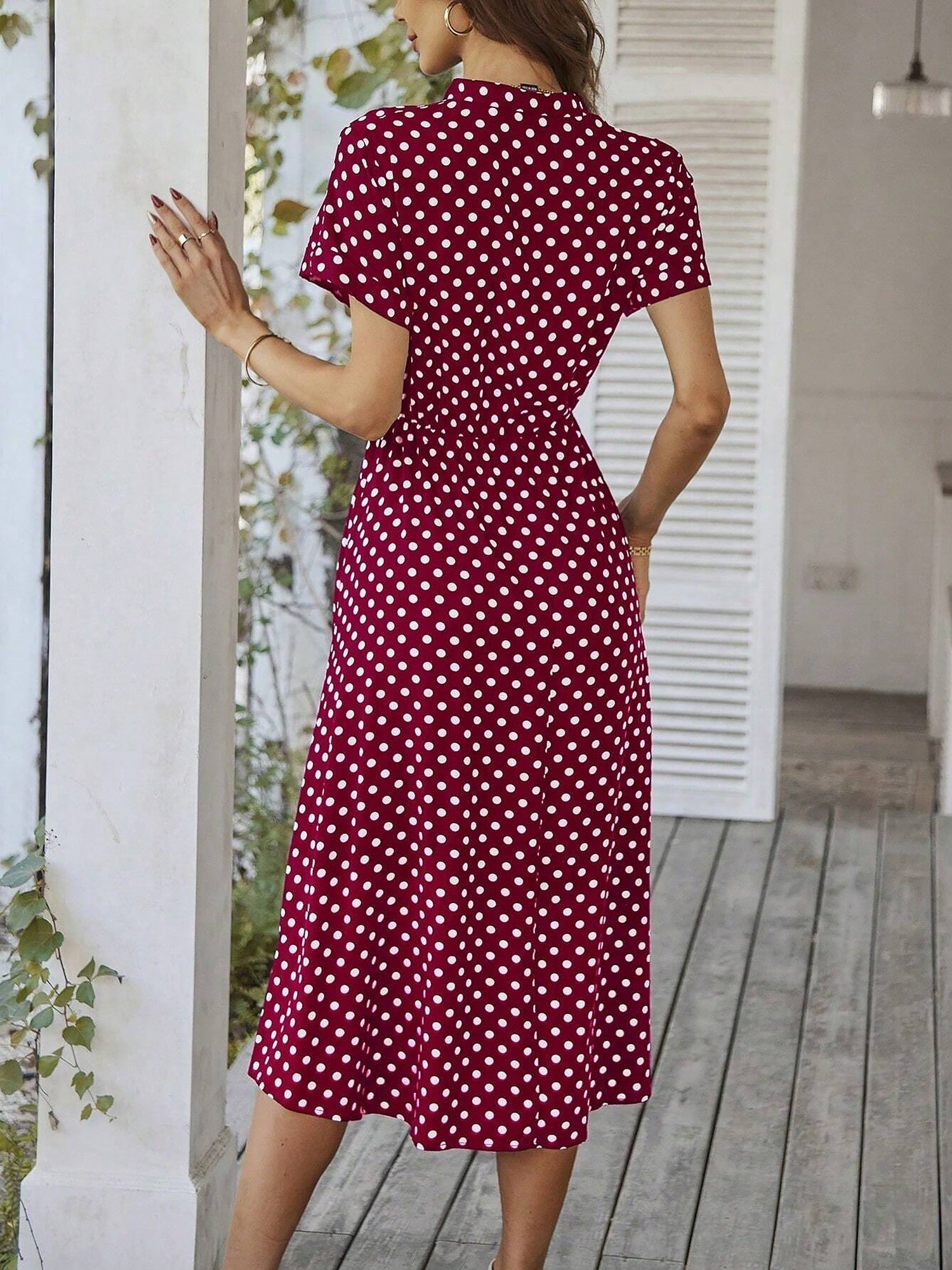 Polka Dot Short Sleeves Button Midi Shirt Dress