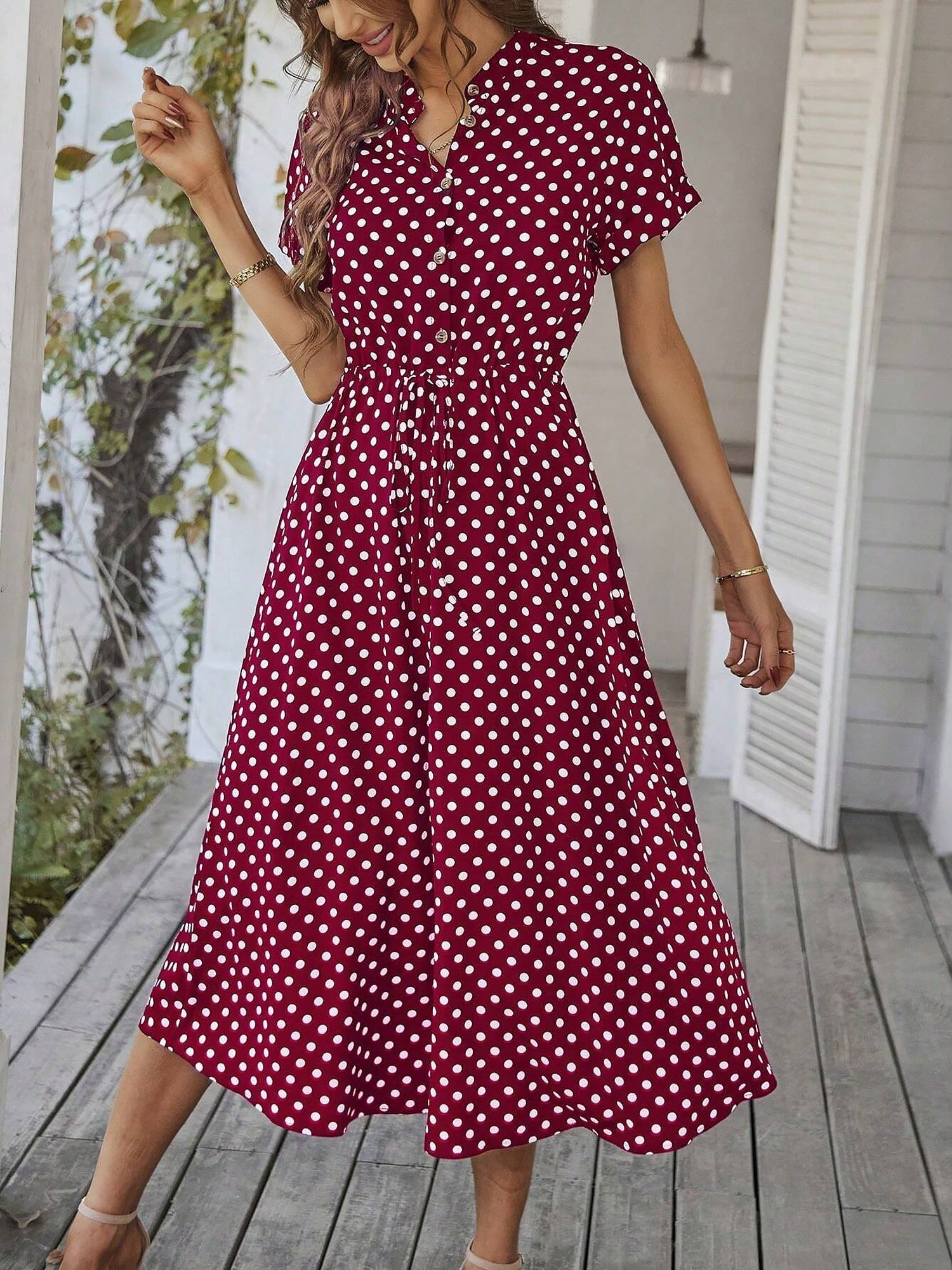 Polka Dot Short Sleeves Button Midi Shirt Dress