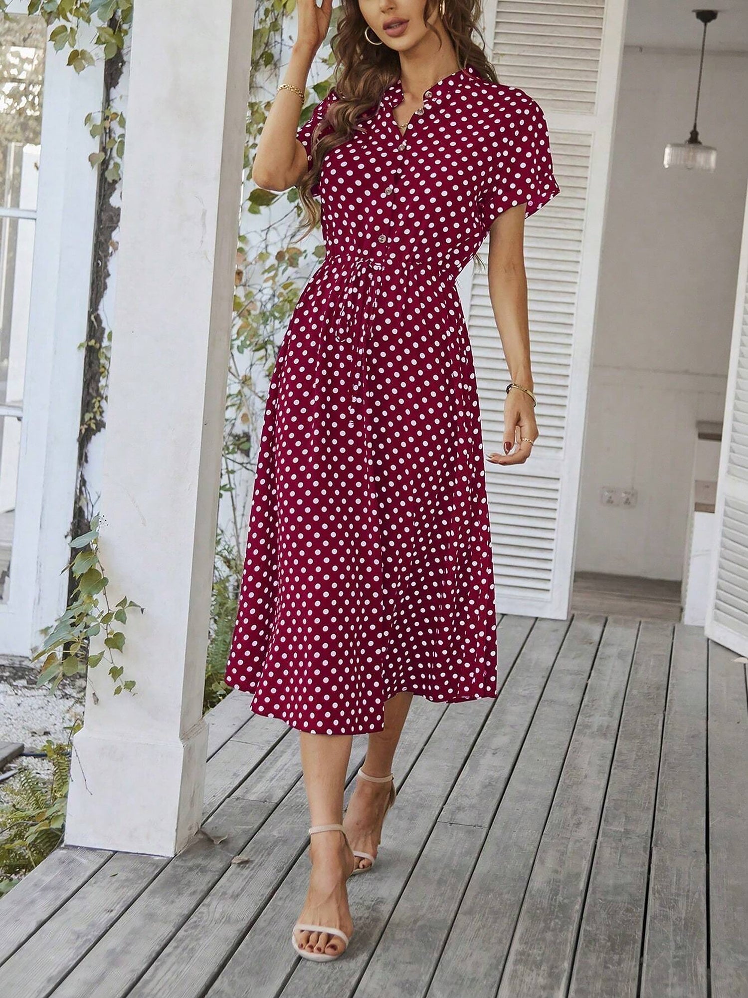Polka Dot Short Sleeves Button Midi Shirt Dress