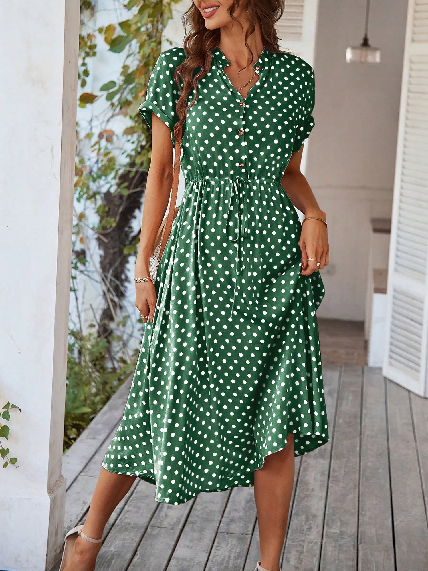 Polka Dot Short Sleeves Button Midi Shirt Dress